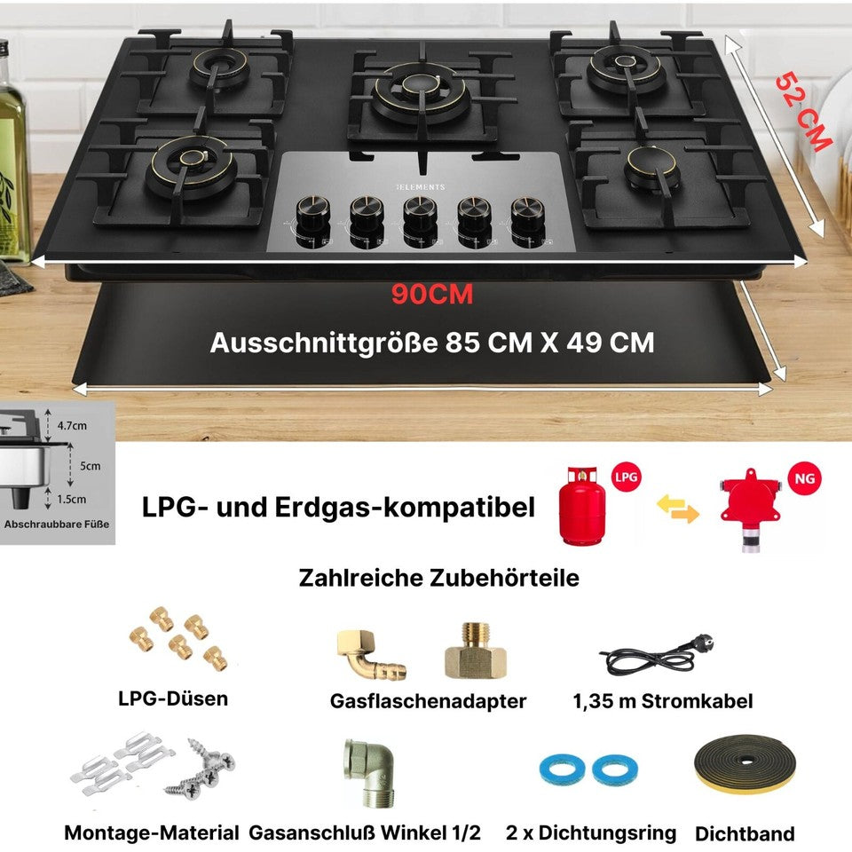 KB ELEMENTS Gaskochfeld 90cm - Gaskochfeld 5 Flammig, LPG / NG, Zündunautomatik