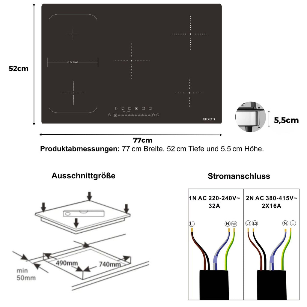 Einbaumaße Induktionskochfeld 77 cm – Abmessungen 770 × 520 × 55 mm Montage KB ELEMENTS ELK105PF