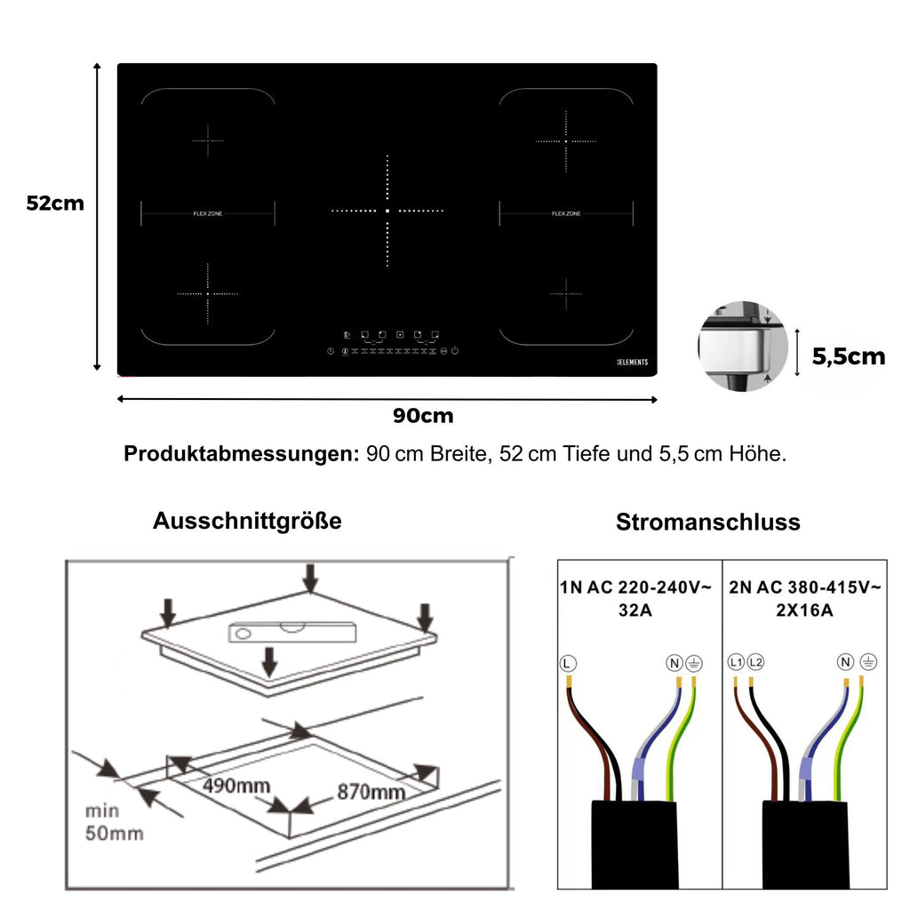Einbaumaße Induktionskochfeld 90 cm – Abmessungen 900 × 520 × 55 mm Montage KB ELEMENTS ELK106PF