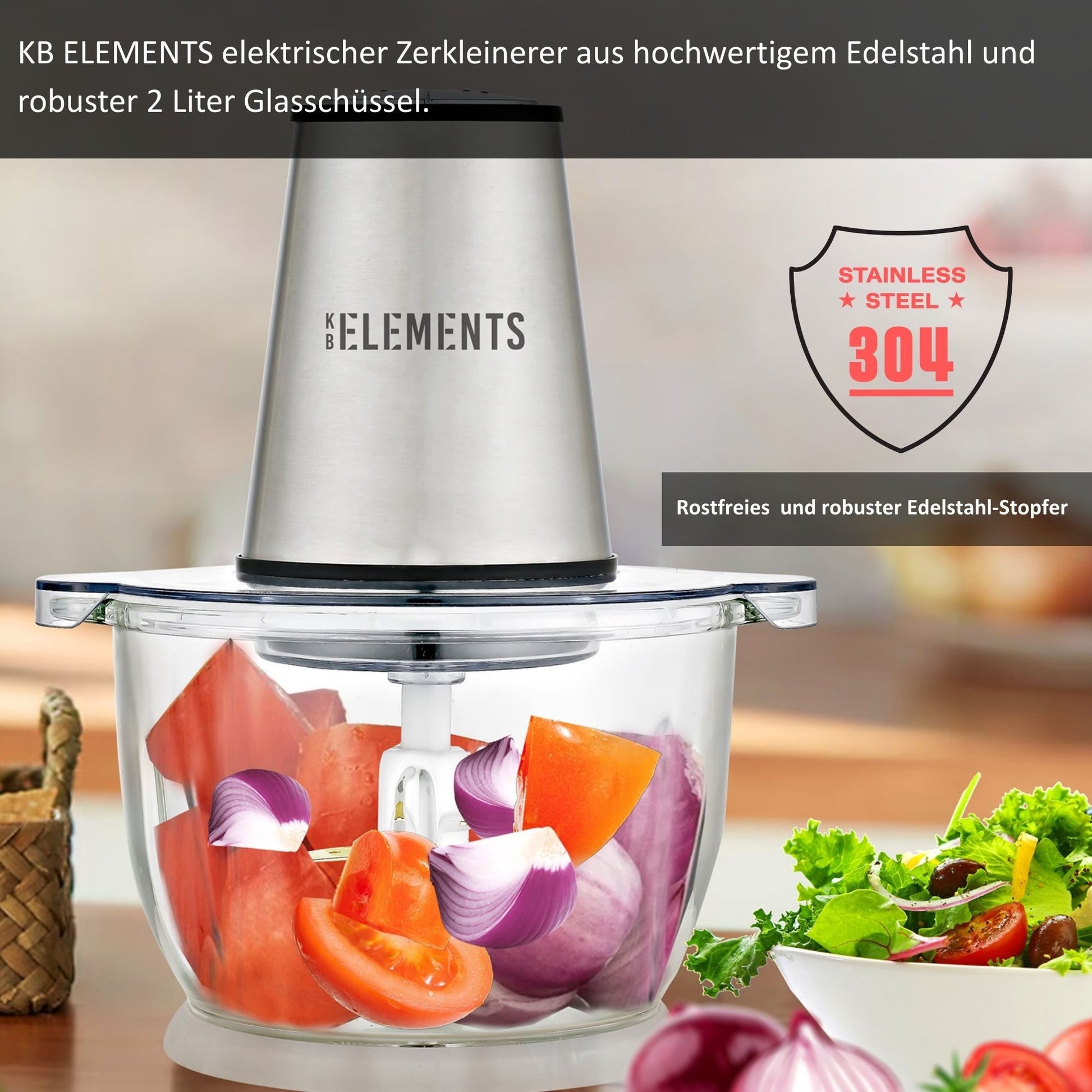 KB Elements Elektrische Zerkleinerer - 300 Watt Kupfer Motor, 2L Glaschüssel, Edelstahl