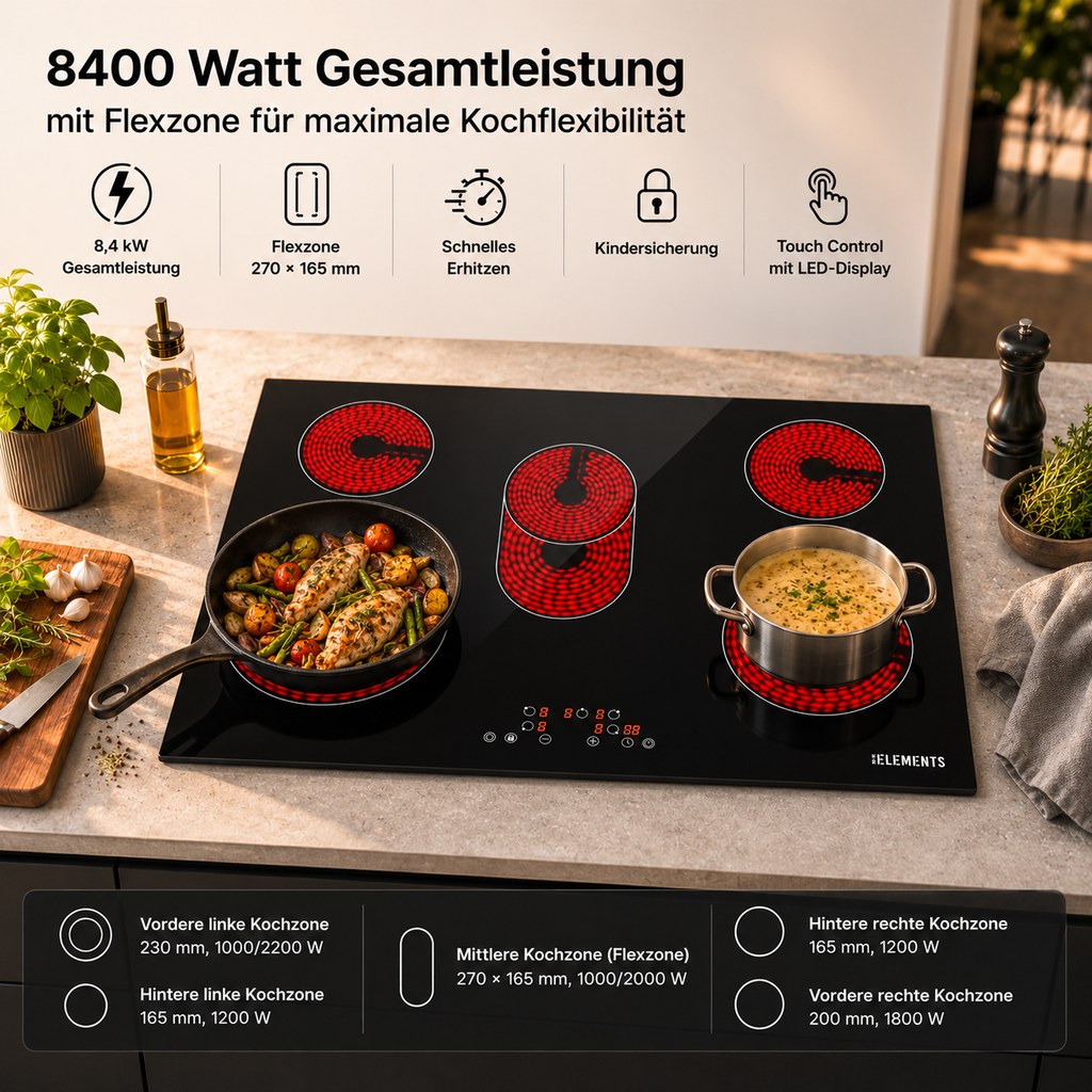 KB ELEMENTS Herdset 2-teilig – Einbaubackofen 60 cm + Glaskeramikkochfeld 77 cm | Air Fry, A+, Schwarz