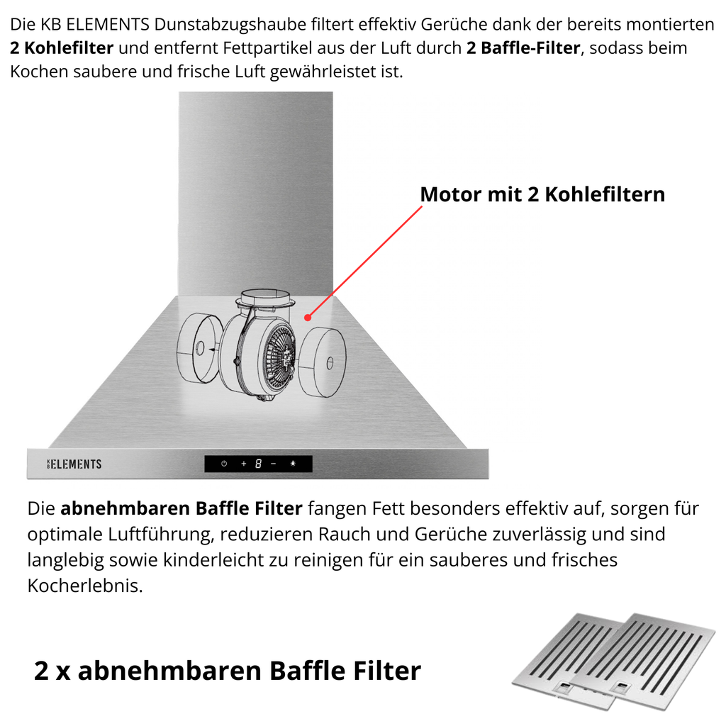 KB ELEMENTS Pyramiden-Dunstabzugshaube 60 cm Edelstahl – 650 m³/h, A+++, Touch- & Gestensteuerung