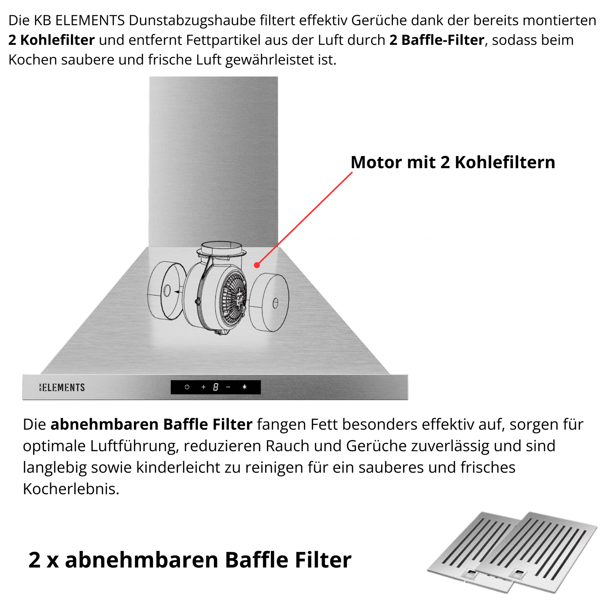 KB ELEMENTS Pyramiden-Dunstabzugshaube 60 cm Edelstahl – 650 m³/h, A+++, Touch- & Gestensteuerung