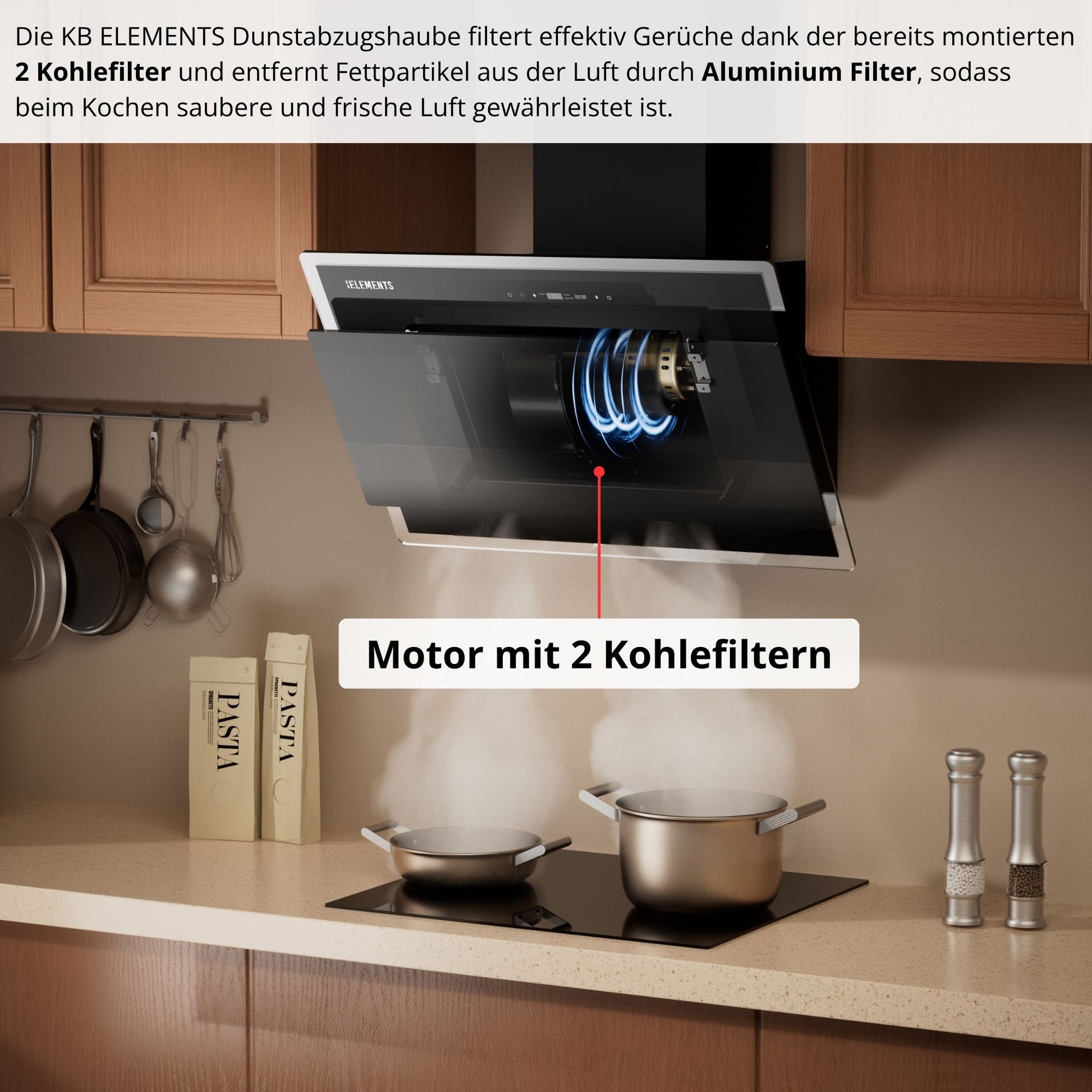 KB ELEMENTS Dunstabzugshaube 60 cm Wandhaube – 1000 m³/h, Touch-, Gesten- & Fernbedienung, Abluft & Umluft