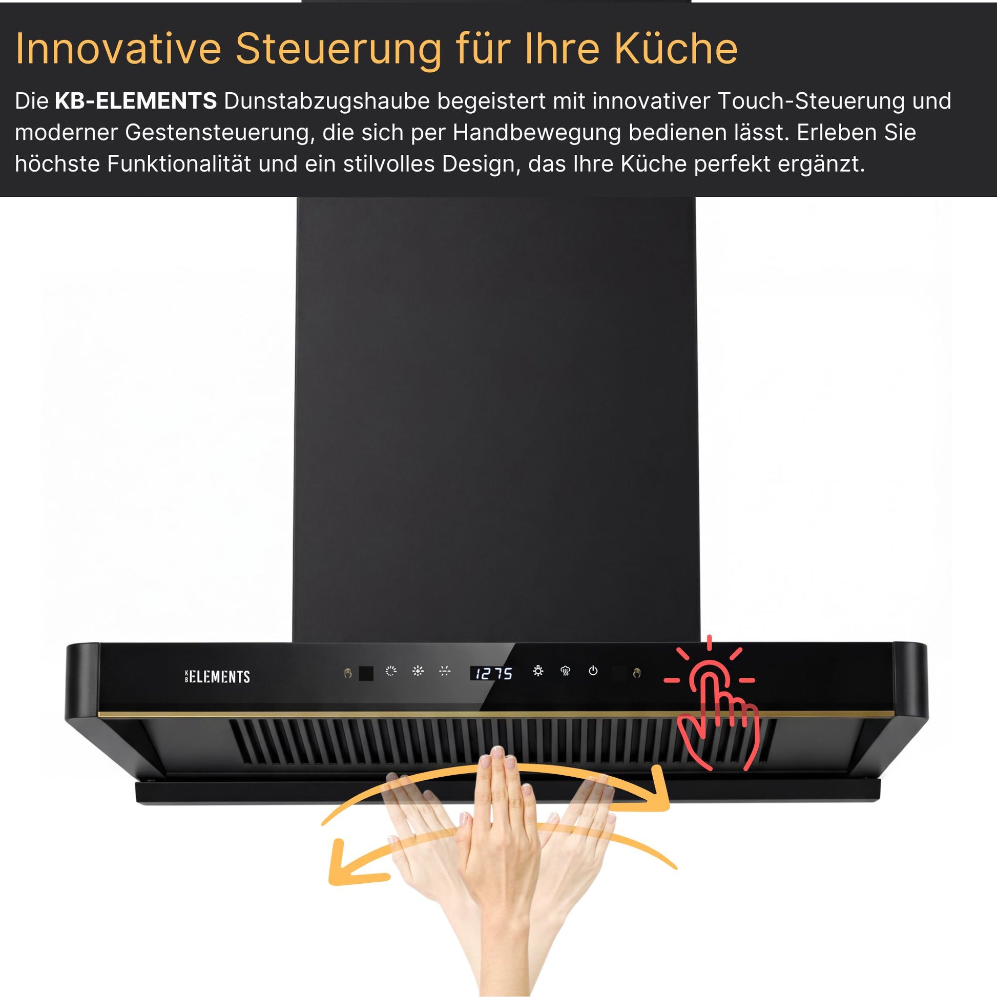KB ELEMENTS Dunstabzugshaube 80 cm Kopffrei Schwarz – 1350 m³/h, Selbstreinigung, A+, Abluft & Umluft