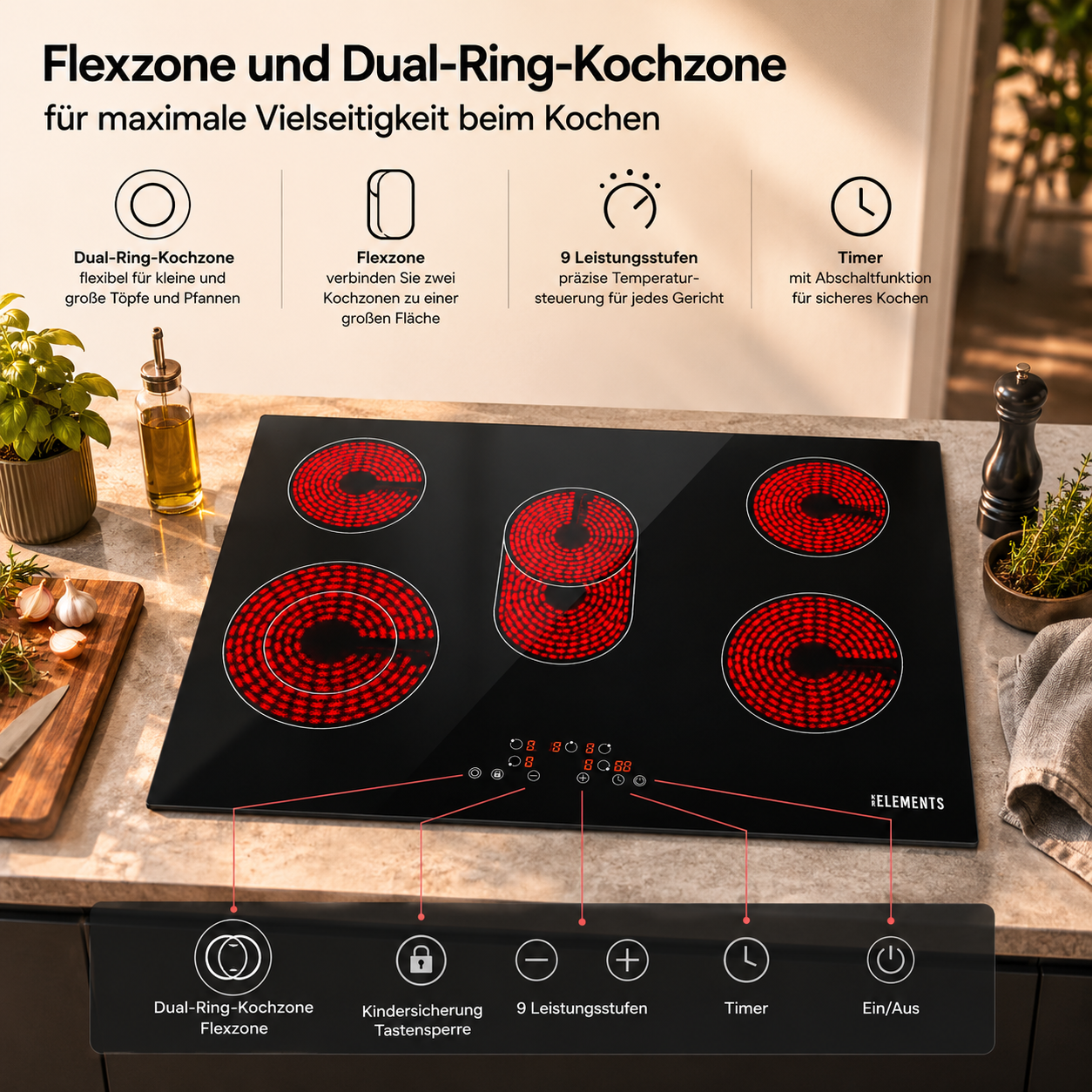 Sicherheitsfunktionen Kindersicherung Glaskeramikkochfeld ELK77CR1 KB ELEMENTS Herdset