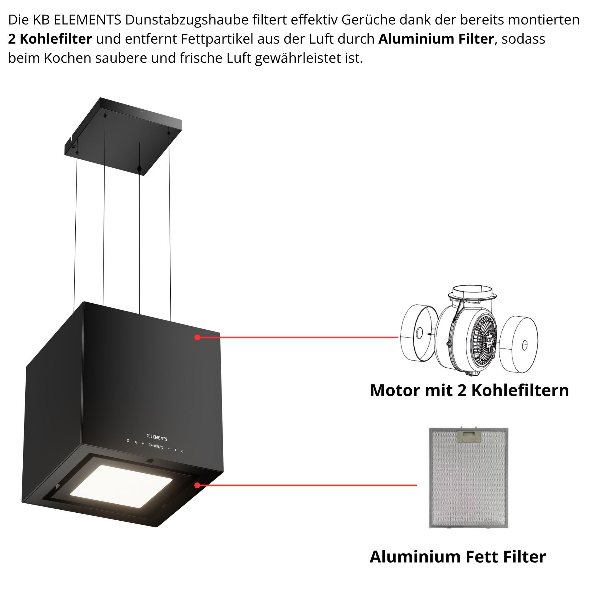 KB ELEMENTS Dunstabzugshaube freihängend Glas – 1000 m³/h, Touch, Gesten- & Fernbedienung, Umluft, A+++