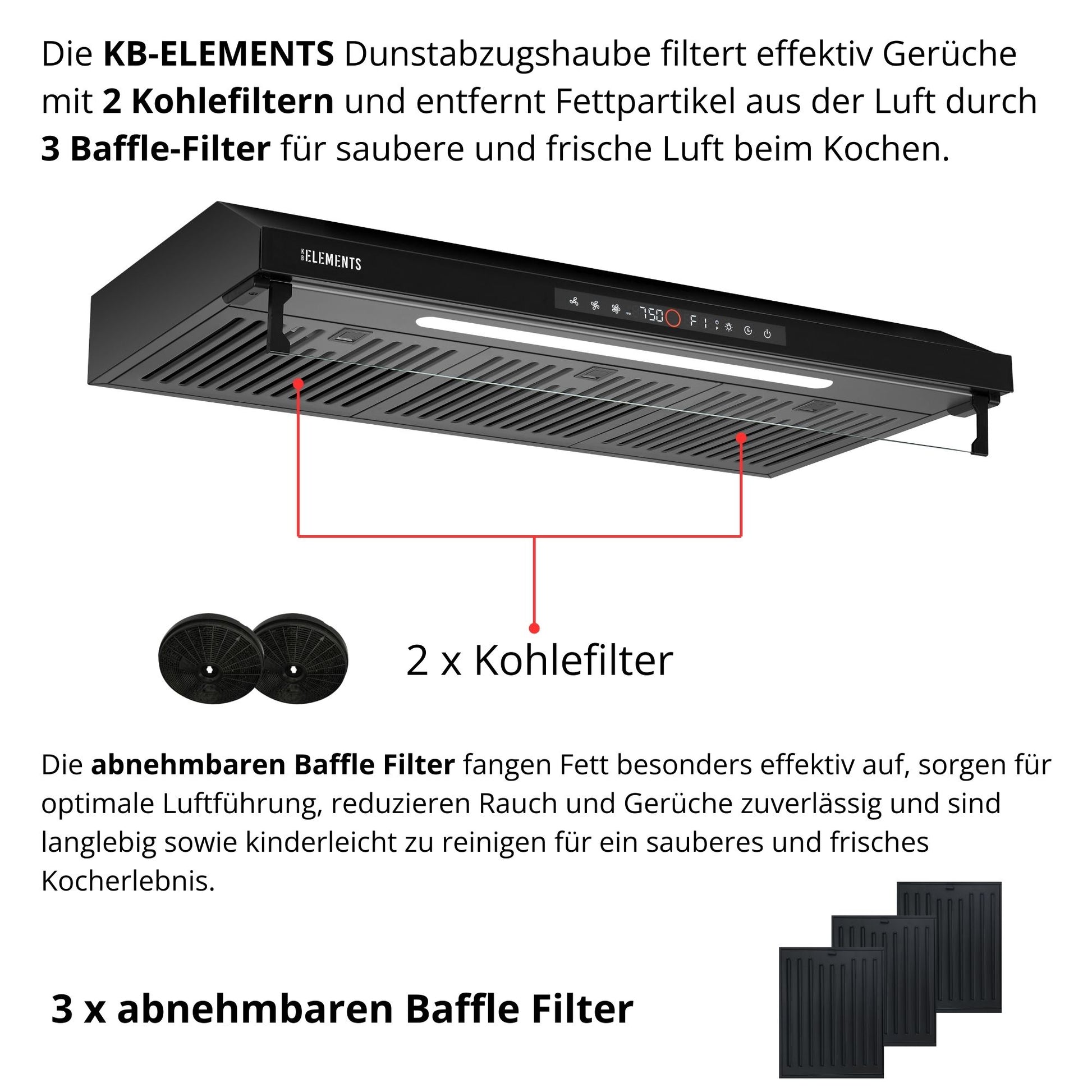 KB ELEMENTS Dunstabzugshaube 90 cm – 650 m³/h, Touch- & Gestensteuerung, Abluft & Umluft