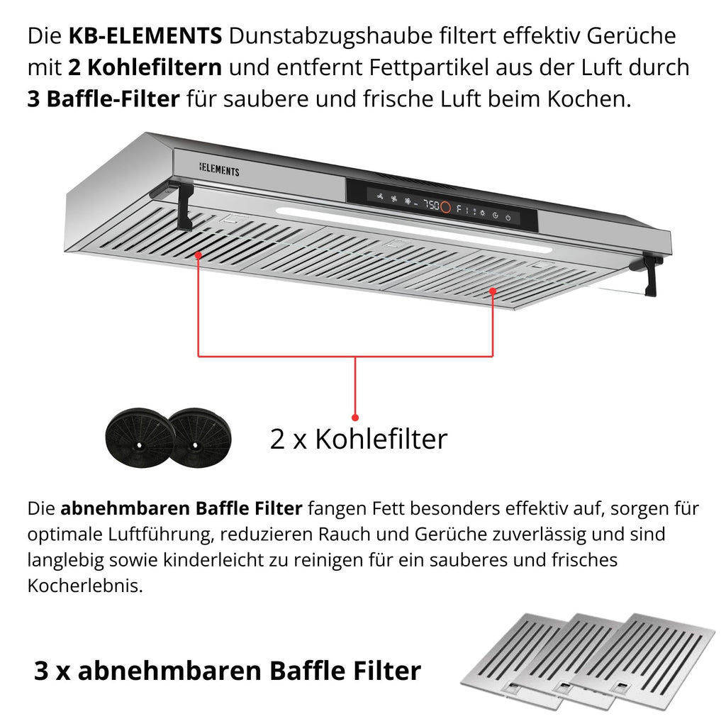KB ELEMENTS Dunstabzugshaube 90 cm – 650 m³/h, Touch- & Gestensteuerung, Abluft & Umluft