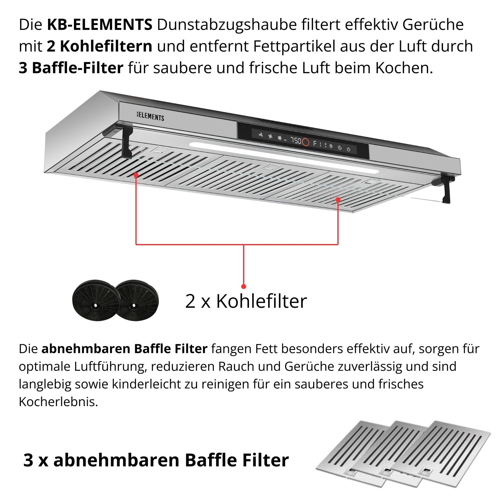 KB ELEMENTS Dunstabzugshaube 90 cm – 650 m³/h, Touch- & Gestensteuerung, Abluft & Umluft