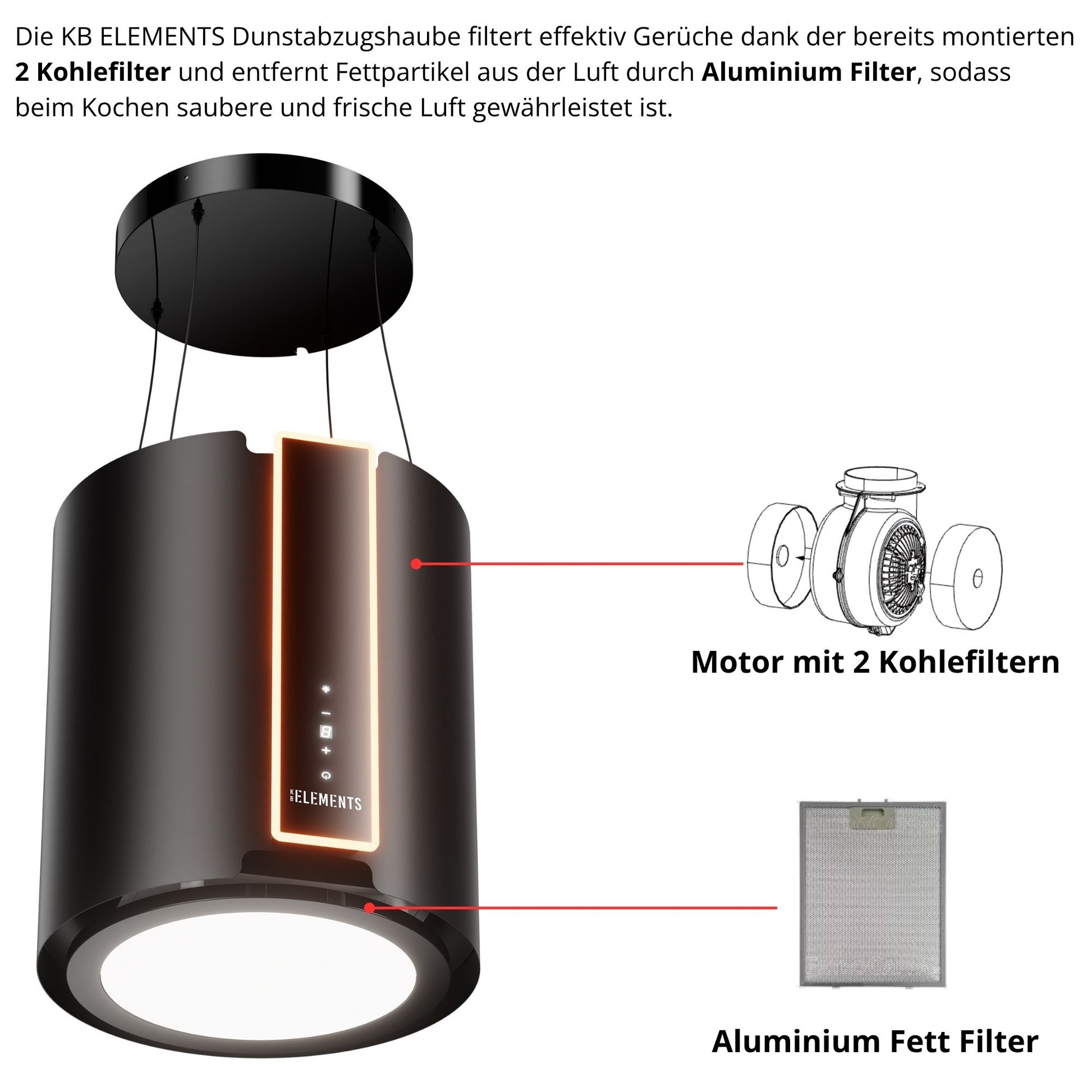 KB ELEMENTS Dunstabzugshaube freihängend 38 cm – 1000 m³/h, Touch & Fernbedienung, Umluft