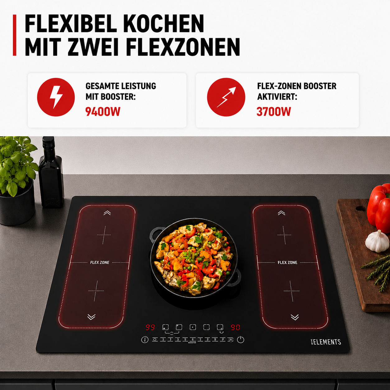 2 Flexzonen Induktionskochfeld 90 cm – kombinierbare Kochzonen für große Töpfe Bräter KB ELEMENTS ELK106PF