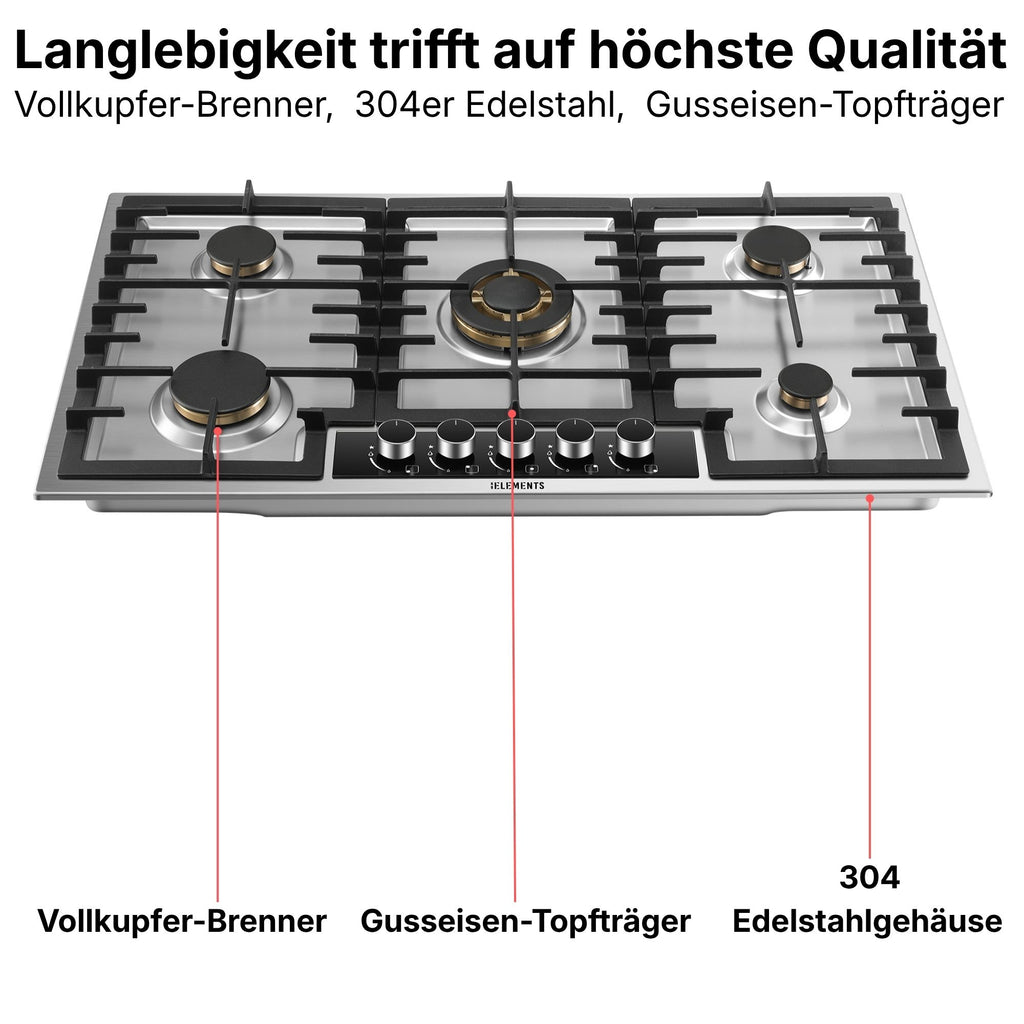 Vollkupfer-Brenner Gaskochfeld 90 cm Edelstahl – gleichmäßige Hitze KB ELEMENTS ELK90GH1