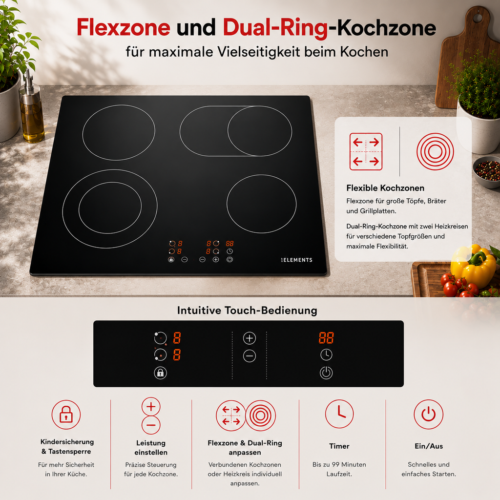 KB ELEMENTS Herdset 2-teilig – Einbaubackofen 60 cm A+ & Glaskeramikkochfeld 77 cm | 5 Zonen, Dual-Zone, Schwarz