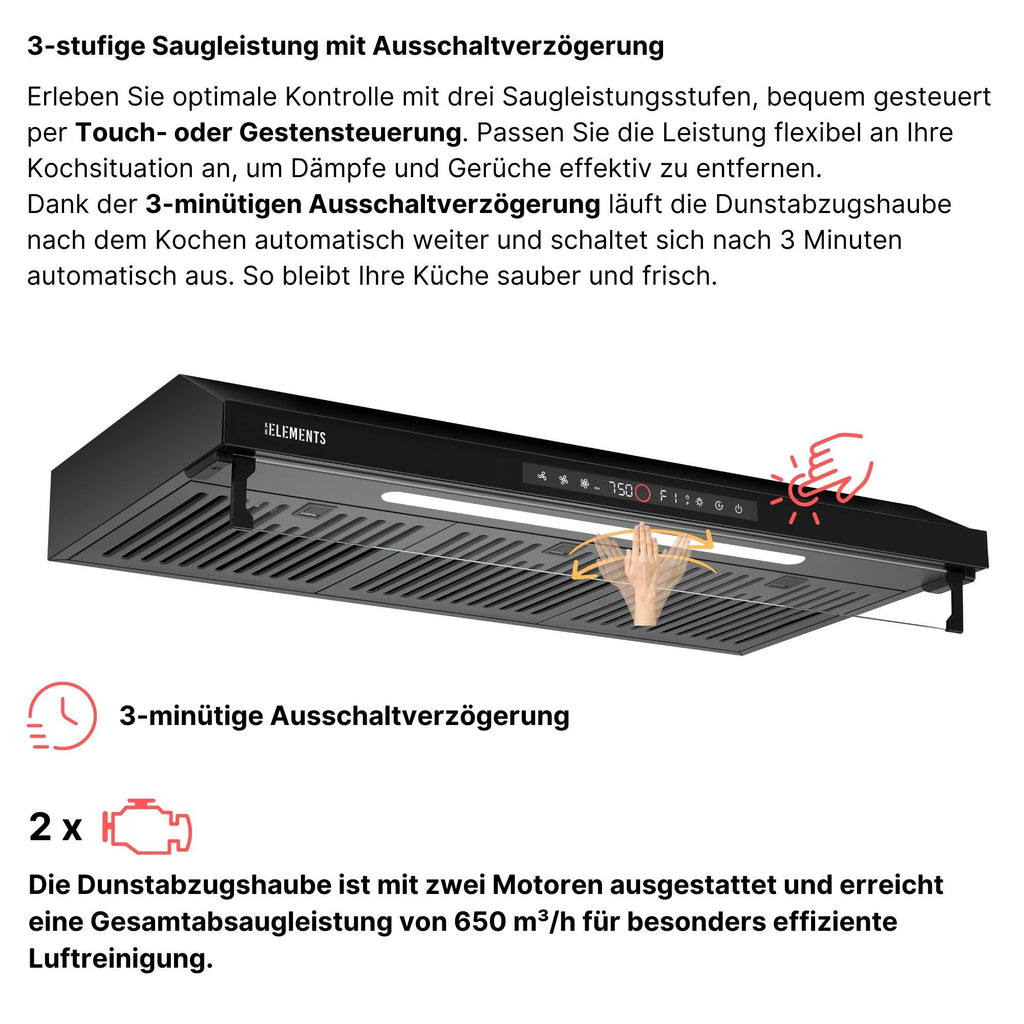 KB ELEMENTS Dunstabzugshaube 90 cm – 650 m³/h, Touch- & Gestensteuerung, Abluft & Umluft