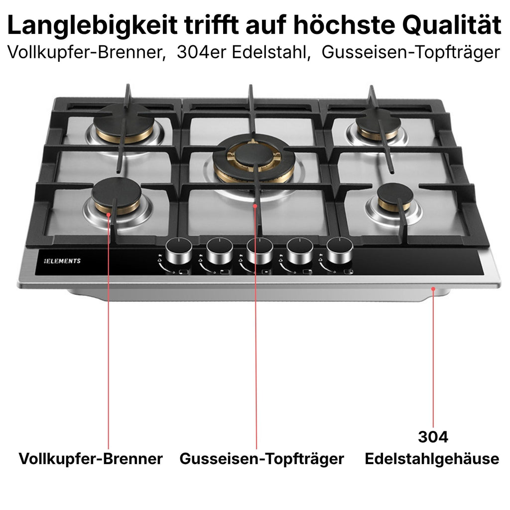 Vollkupfer-Brenner Gaskochfeld ELK70GH1 70 cm Edelstahl – gleichmäßige Hitze KB ELEMENTS