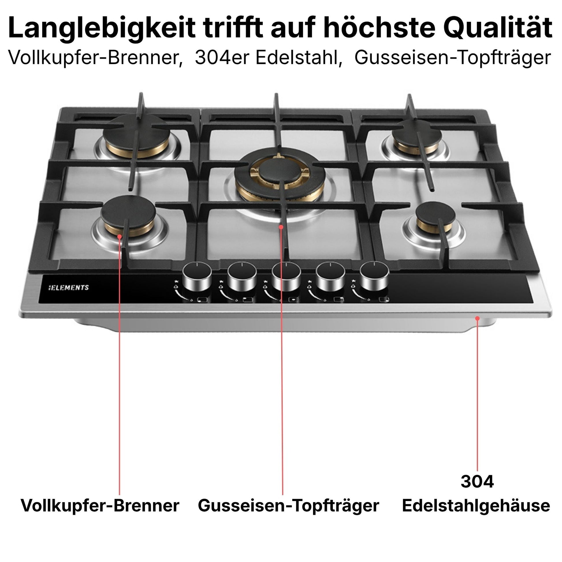 Vollkupfer-Brenner Gaskochfeld ELK70GH1 70 cm Edelstahl – gleichmäßige Hitze KB ELEMENTS