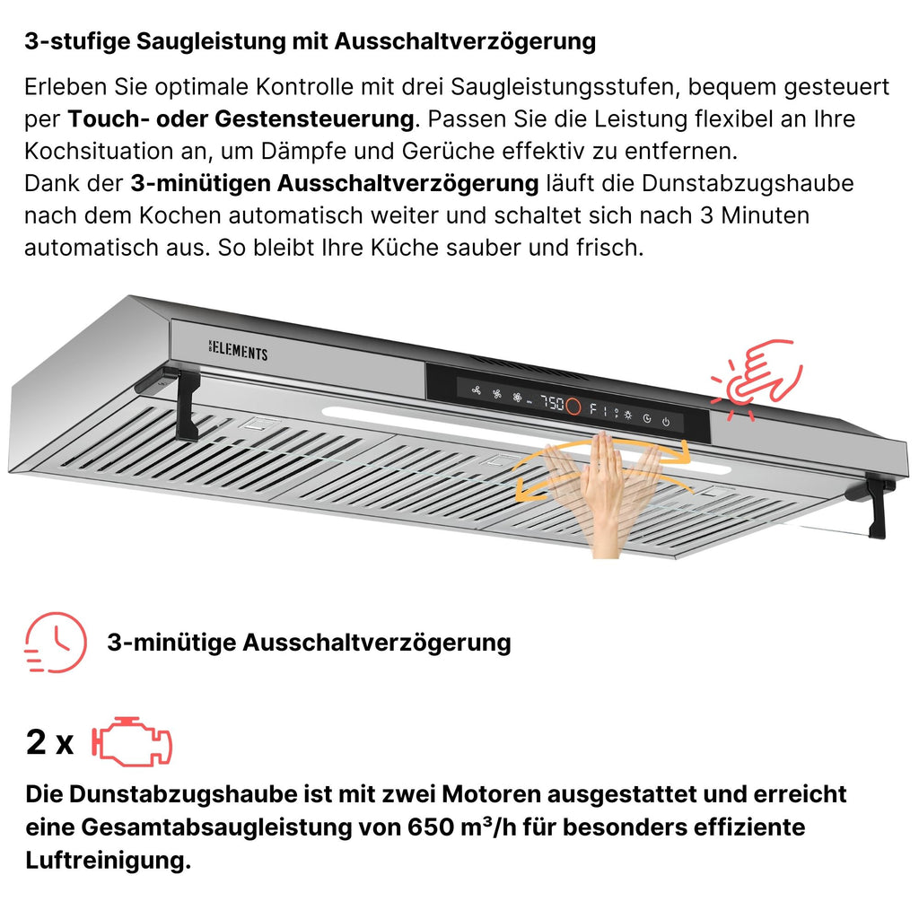 KB ELEMENTS Dunstabzugshaube 90 cm – 650 m³/h, Touch- & Gestensteuerung, Abluft & Umluft