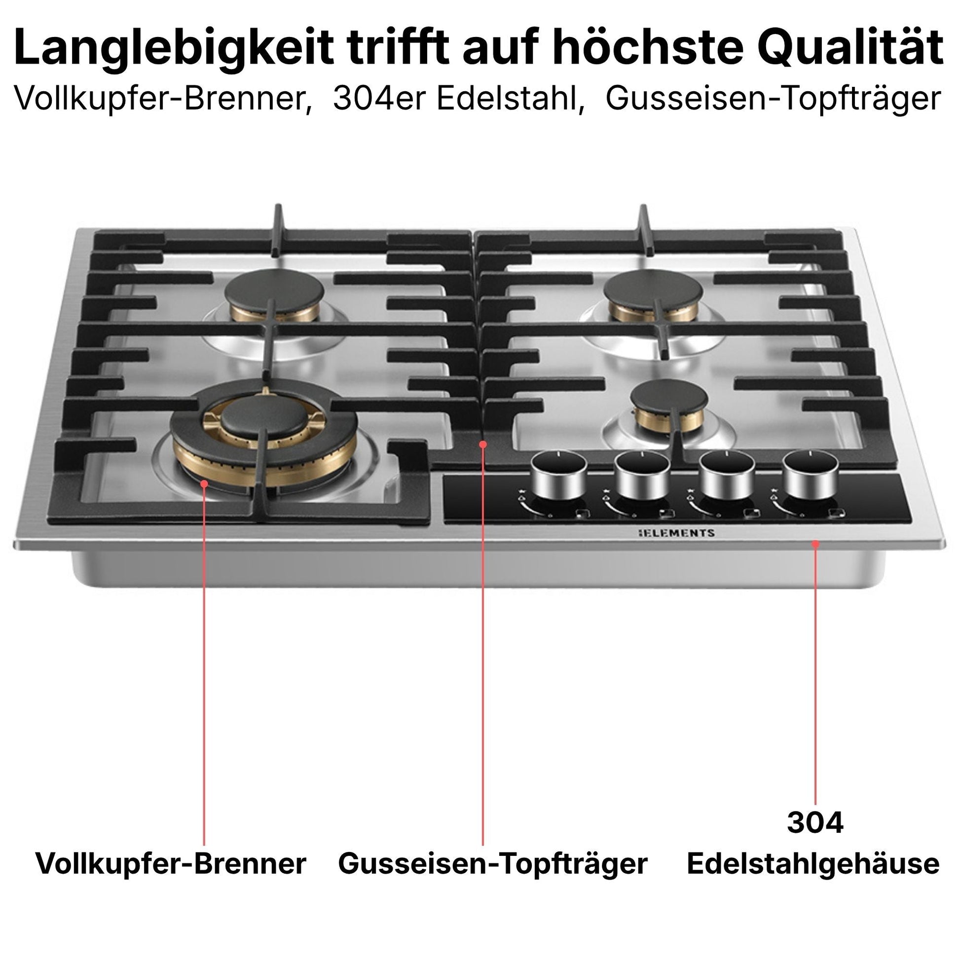 Vollkupfer-Brenner Gaskochfeld ELK60GH2 60 cm Edelstahl – gleichmäßige Hitze KB ELEMENTS