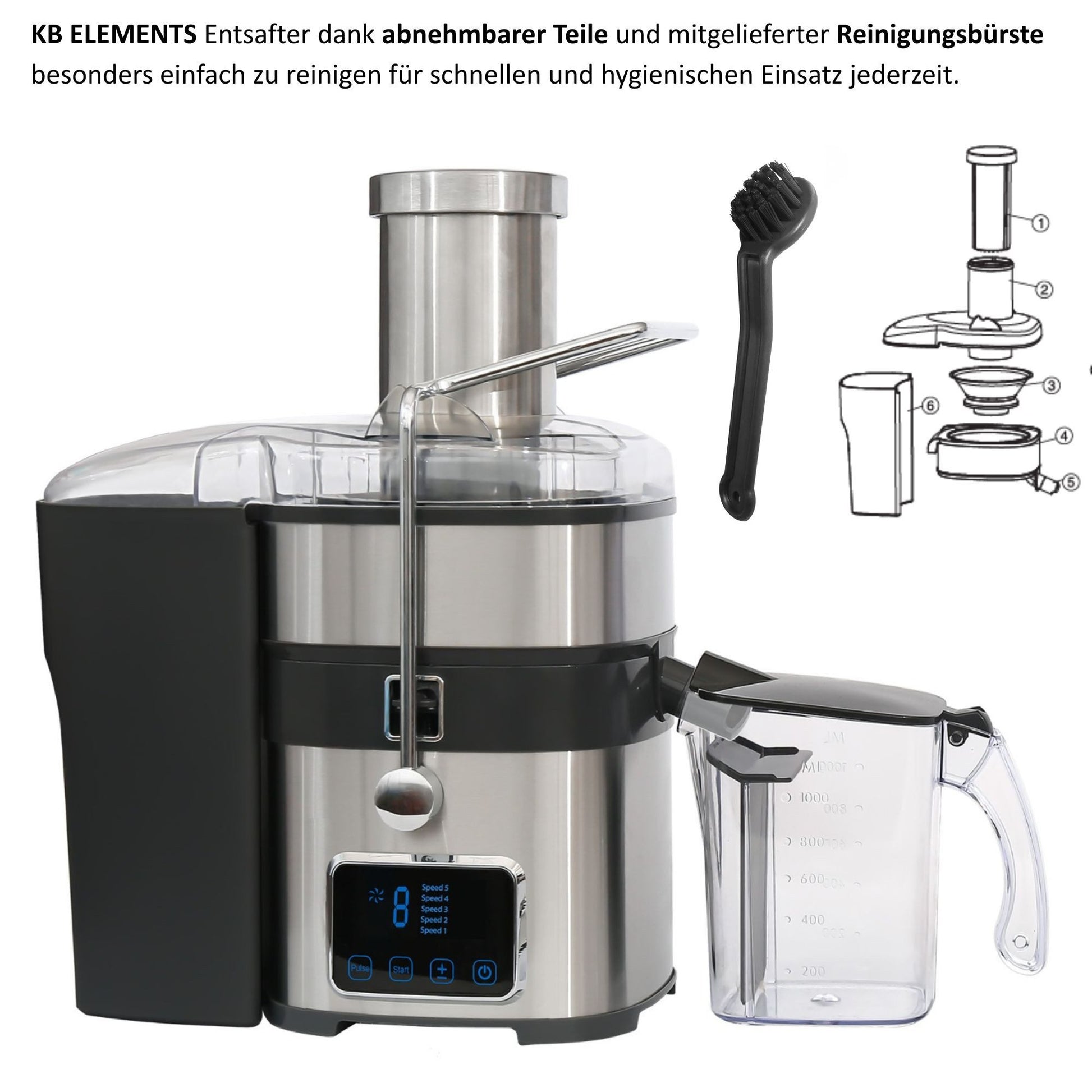 KB ELEMENTS Edelstahl Entsafter, 800 Watt Voll Kupfer Motor, Touch Display