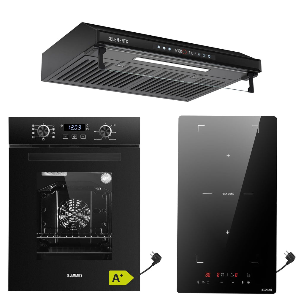 KB ELEMENTS Herdset 3-teilig ELK45EV1 ELK29PB1 ELK156S60B Backofen 45cm Domino Induktion Dunstabzugshaube Schuko Schwarz KB ELEMENTS