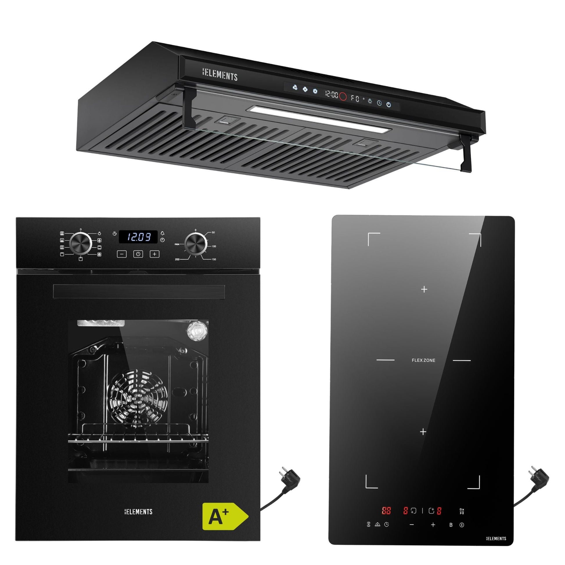 KB ELEMENTS Herdset 3-teilig ELK45EV1 ELK29PB1 ELK156S60B Backofen 45cm Domino Induktion Dunstabzugshaube Schuko Schwarz KB ELEMENTS