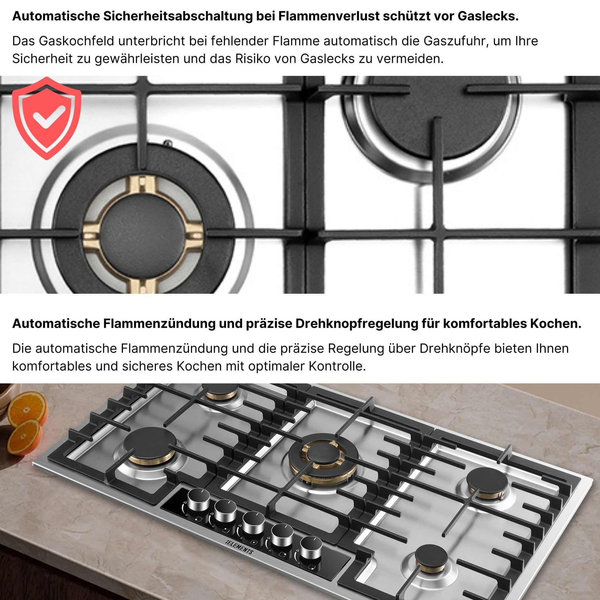 Wok-Dreifachbrenner Gaskochfeld ELK90GH1 90 cm – intensive Hitze Profikochen KB ELEMENTS