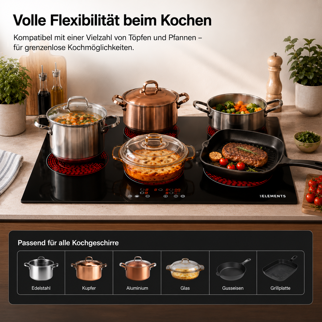 KB ELEMENTS Herdset 2-teilig – Einbaubackofen 60 cm + Glaskeramikkochfeld 77 cm | Air Fry, A+, Schwarz
