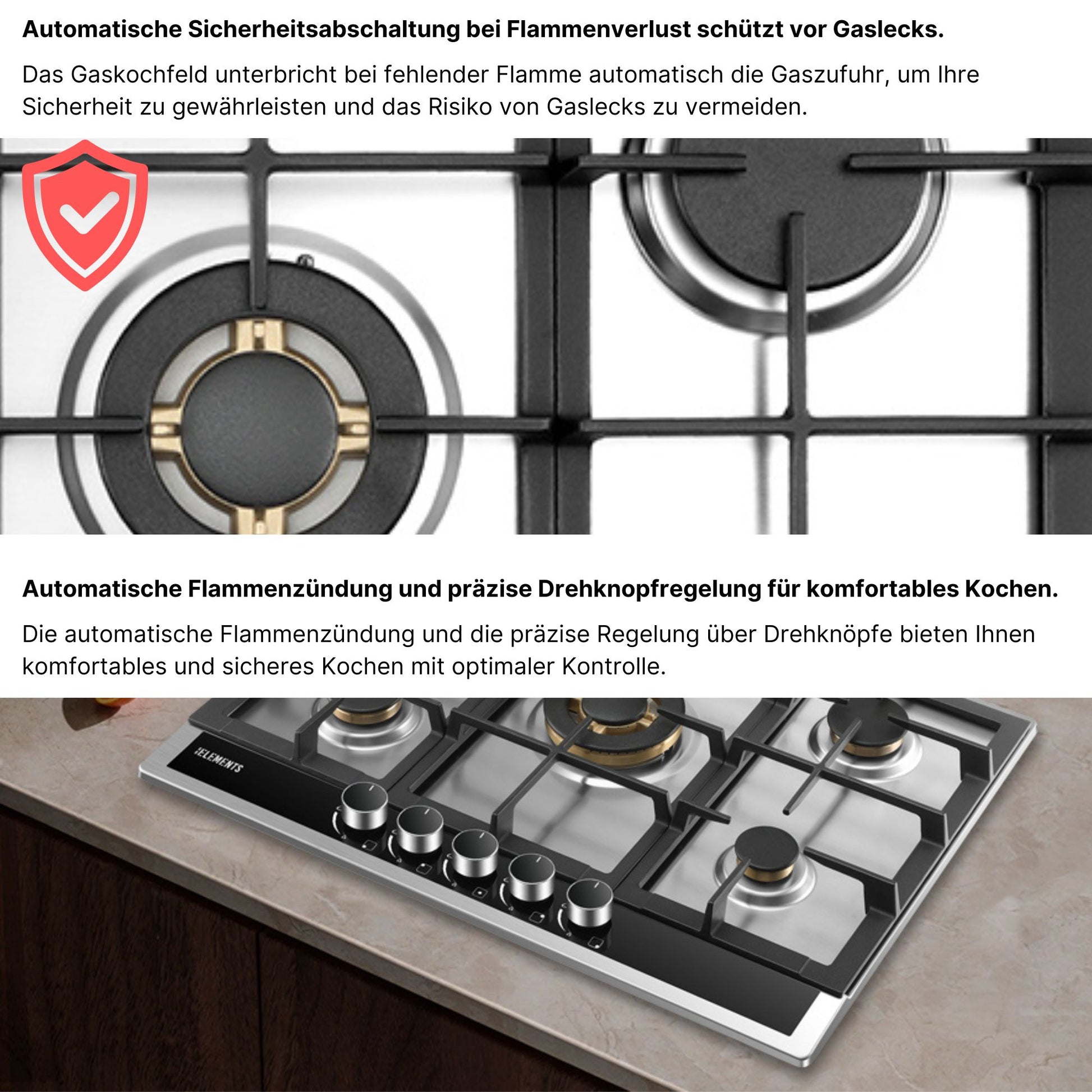 Wok-Dreifachbrenner Gaskochfeld 70 cm Edelstahl – intensive Hitze KB ELEMENTS ELK70GH1