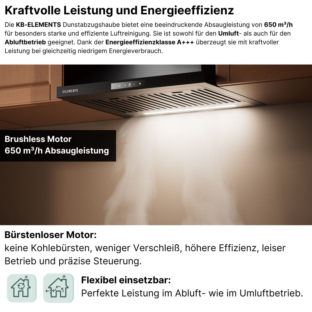 KB ELEMENTS Pyramiden-Dunstabzugshaube 60 cm Schwarz Glas – 650 m³/h, A+++, Touch- & Gestensteuerung