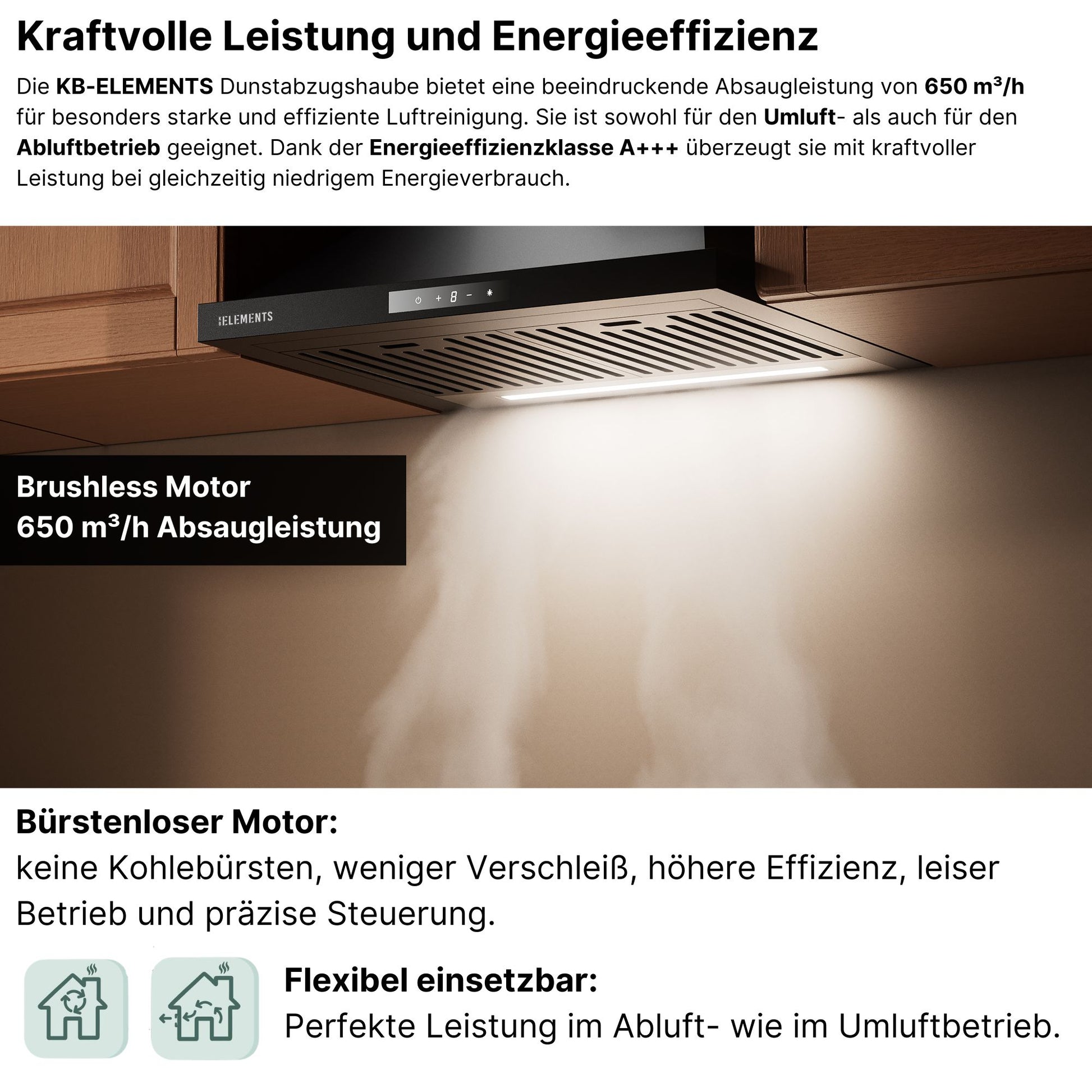 KB ELEMENTS Pyramiden-Dunstabzugshaube 60 cm Schwarz Glas – 650 m³/h, A+++, Touch- & Gestensteuerung