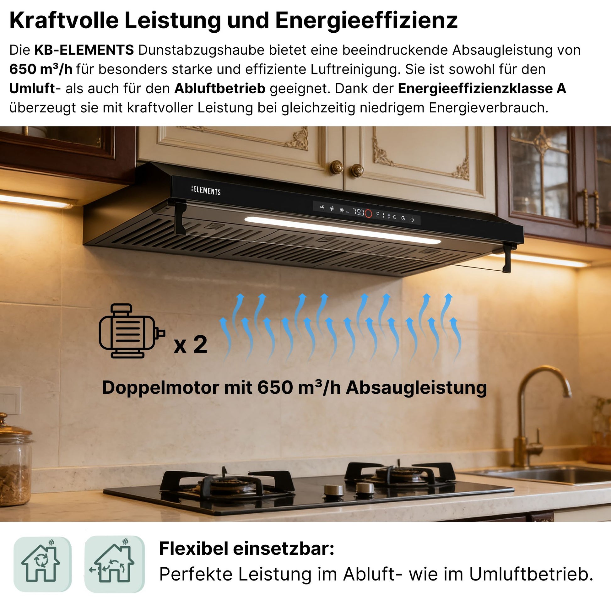 KB ELEMENTS Dunstabzugshaube 90 cm – 650 m³/h, Touch- & Gestensteuerung, Abluft & Umluft