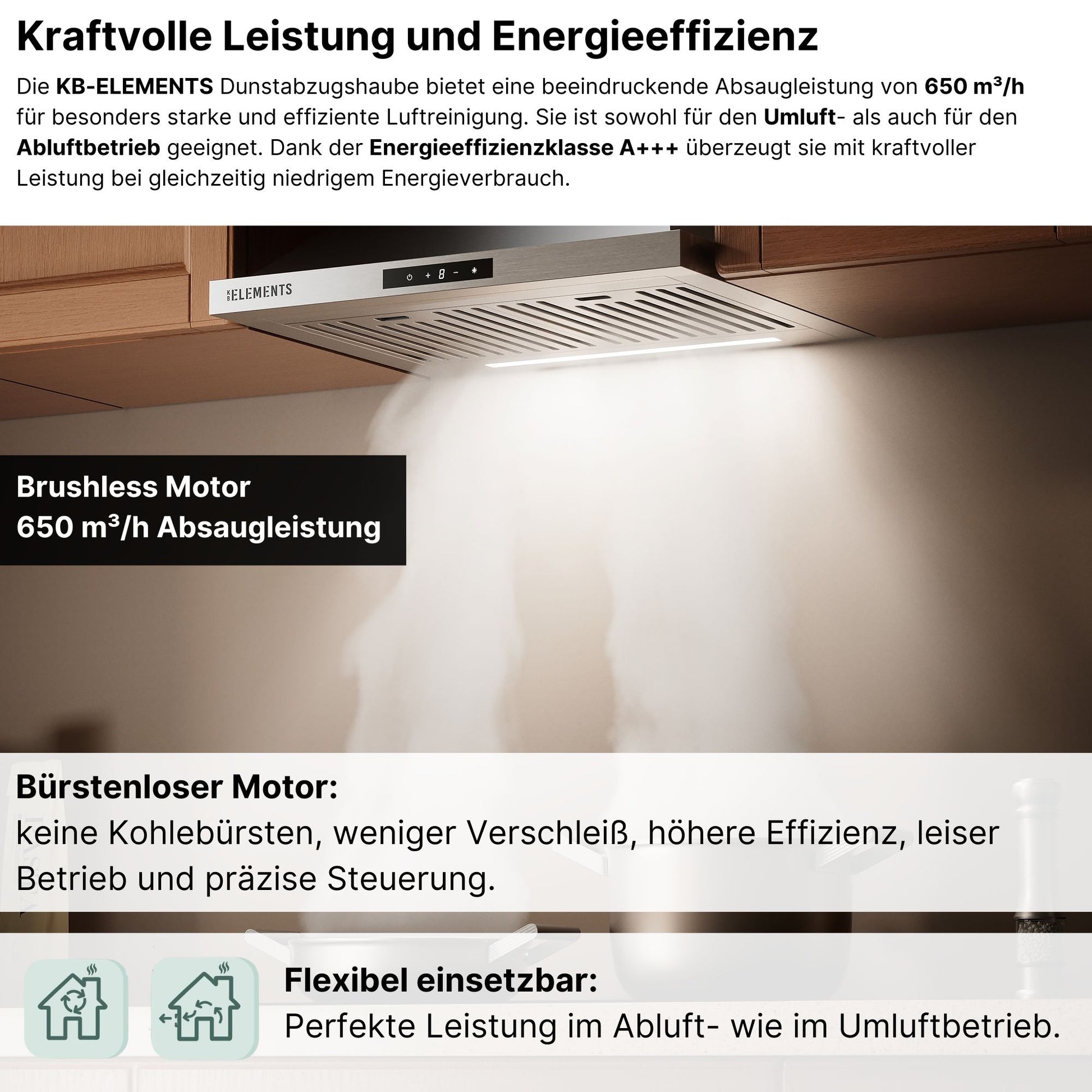 KB ELEMENTS Pyramiden-Dunstabzugshaube 60 cm Edelstahl – 650 m³/h, A+++, Touch- & Gestensteuerung