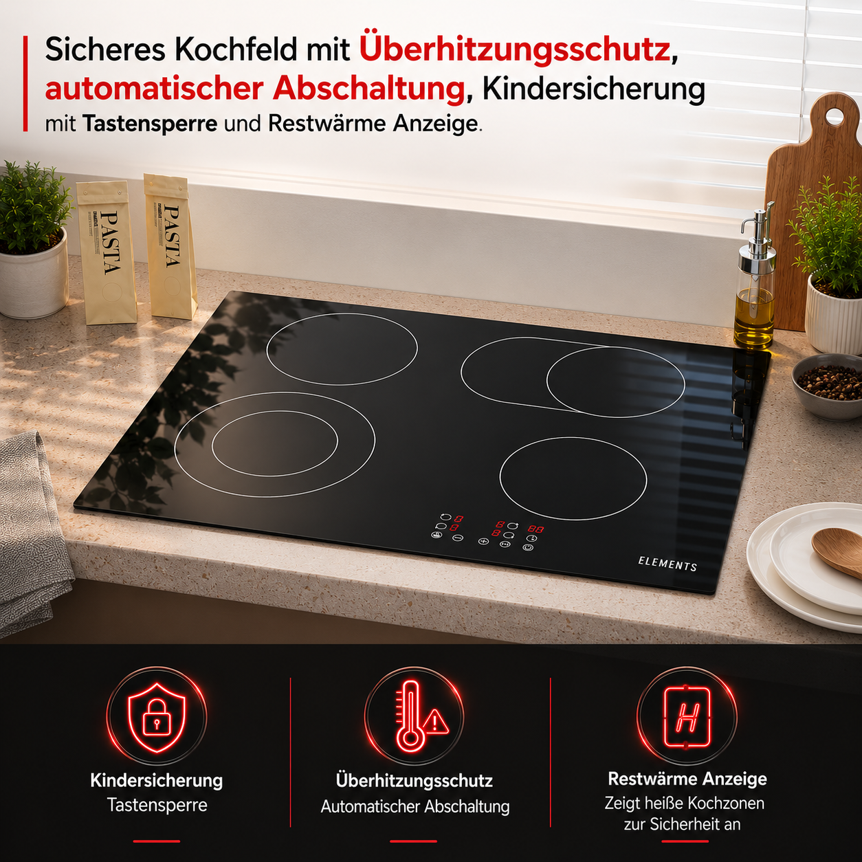 KB ELEMENTS Herdset 2-teilig – Einbaubackofen 60 cm A+ & Glaskeramikkochfeld 77 cm | 5 Zonen, Dual-Zone, Schwarz