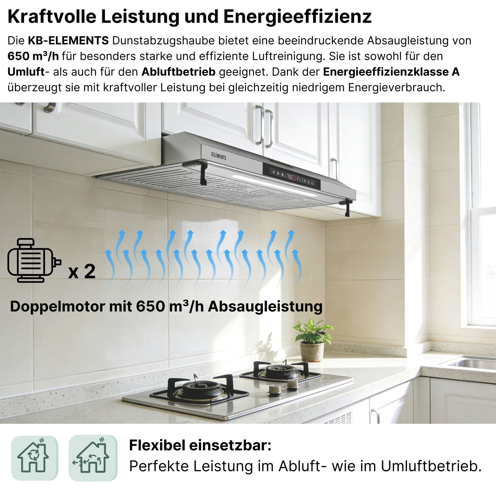 KB ELEMENTS Dunstabzugshaube 90 cm – 650 m³/h, Touch- & Gestensteuerung, Abluft & Umluft