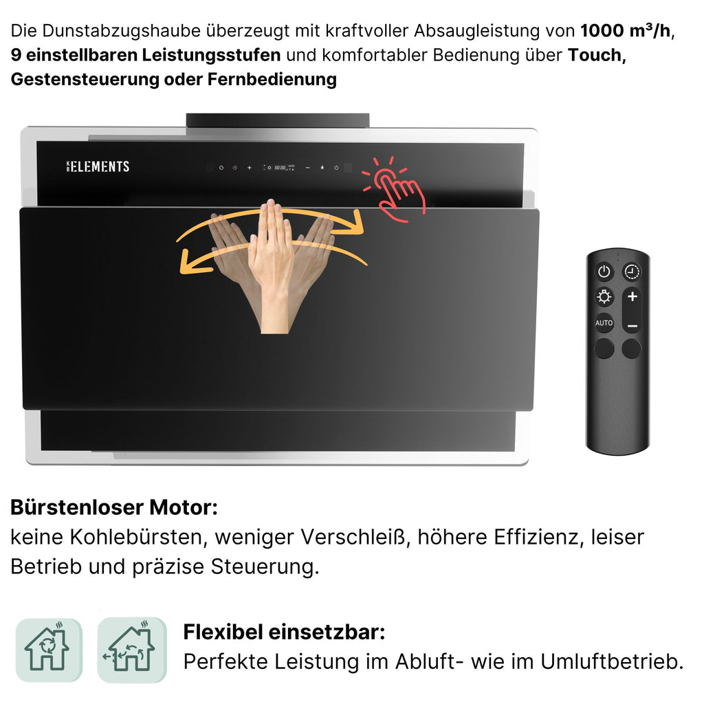 KB ELEMENTS Dunstabzugshaube 60 cm Wandhaube – 1000 m³/h, Touch-, Gesten- & Fernbedienung, Abluft & Umluft