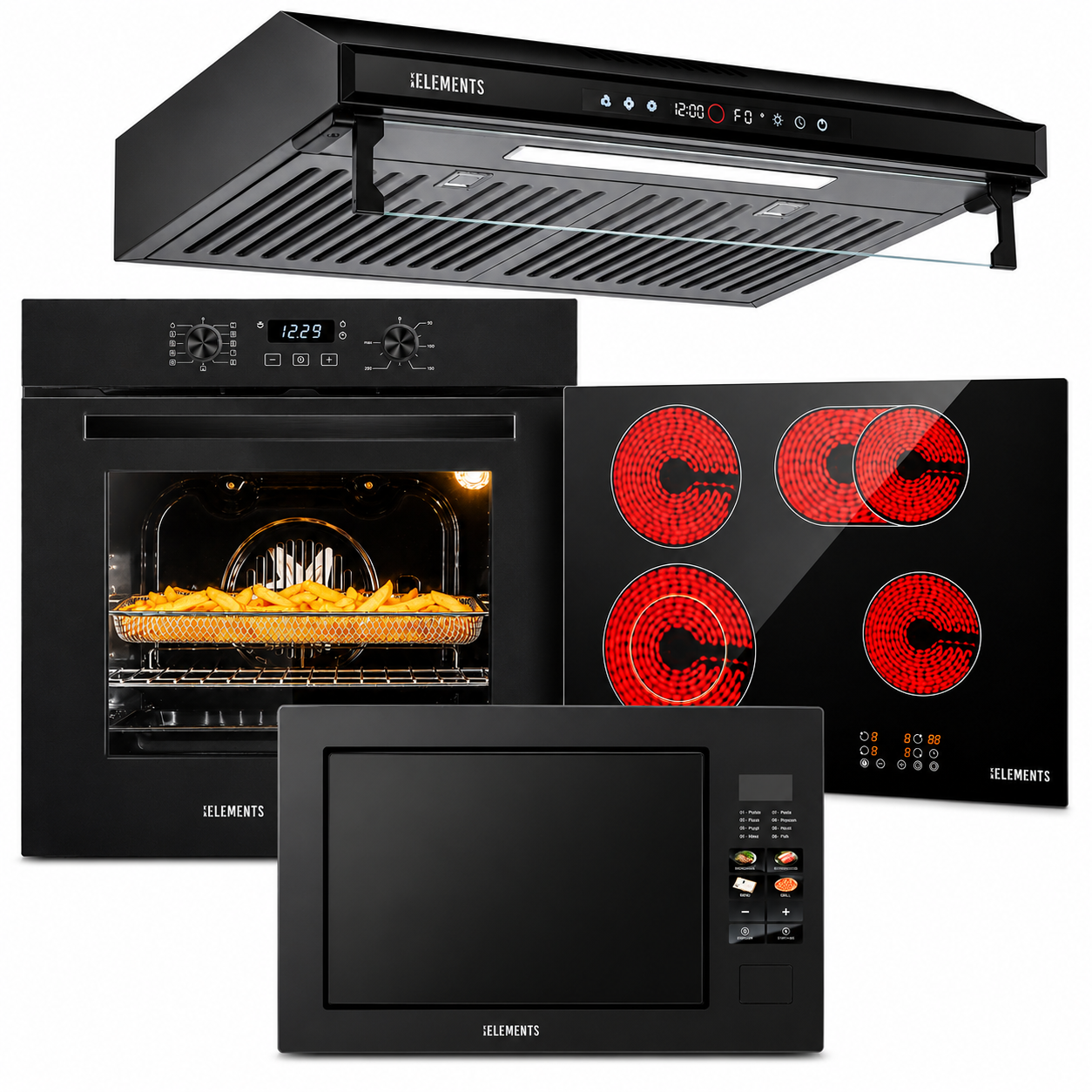 KB ELEMENTS Herdset 4-teilig ELK75EV1P ELK60CR1 ELK156S60B ELK25MB1 – Komplett-Küche Schwarz