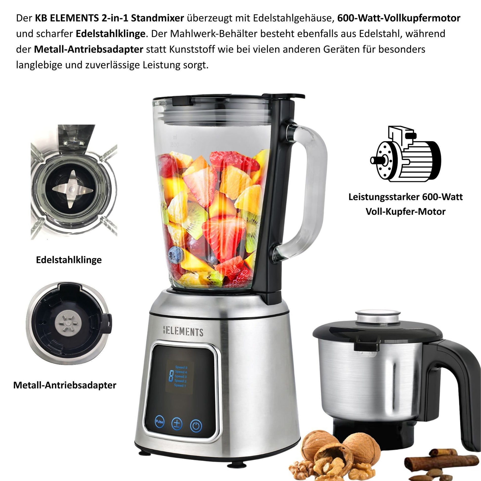 KB ELEMENTS Stand 2 in 1 Mixer - 600W Voll Kupfer Motor, Full Touch Display