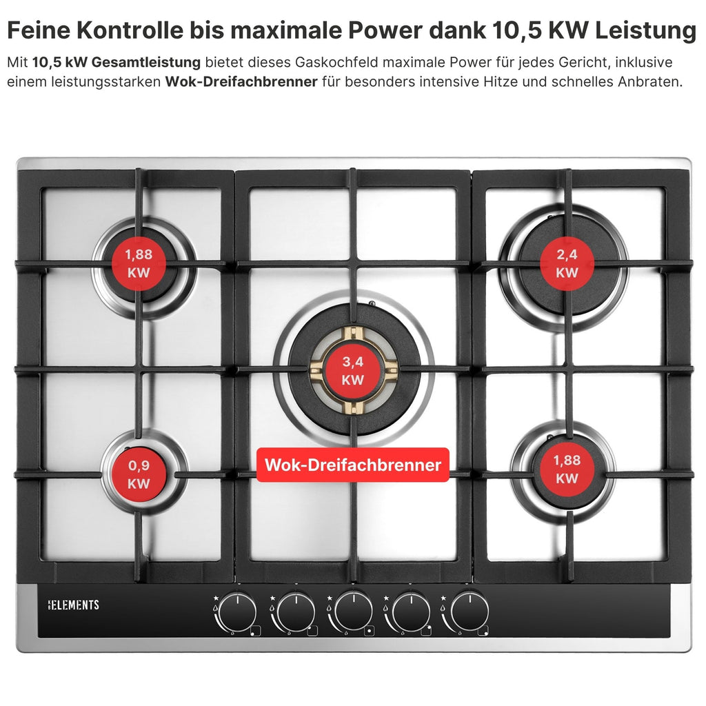 Drehknopf-Steuerung Gaskochfeld ELK70GH1 70 cm Edelstahl – präzise Regelung KB ELEMENTS