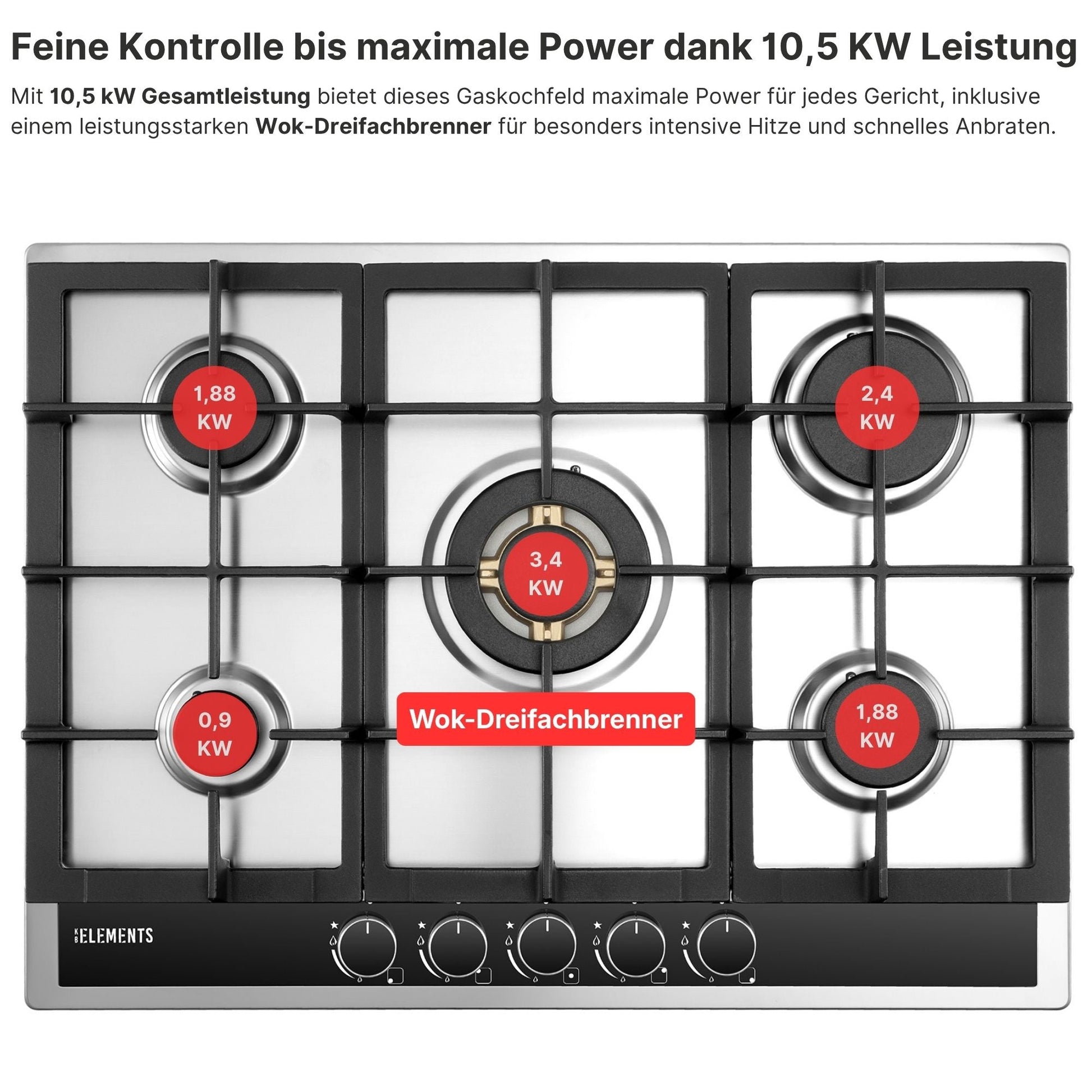 Drehknopf-Steuerung Gaskochfeld ELK70GH1 70 cm Edelstahl – präzise Regelung KB ELEMENTS