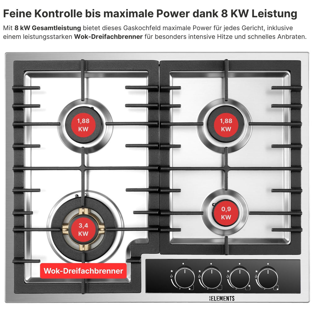 Drehknopf-Steuerung Gaskochfeld 60 cm Edelstahl – präzise Regelung KB ELEMENTS ELK60GH2