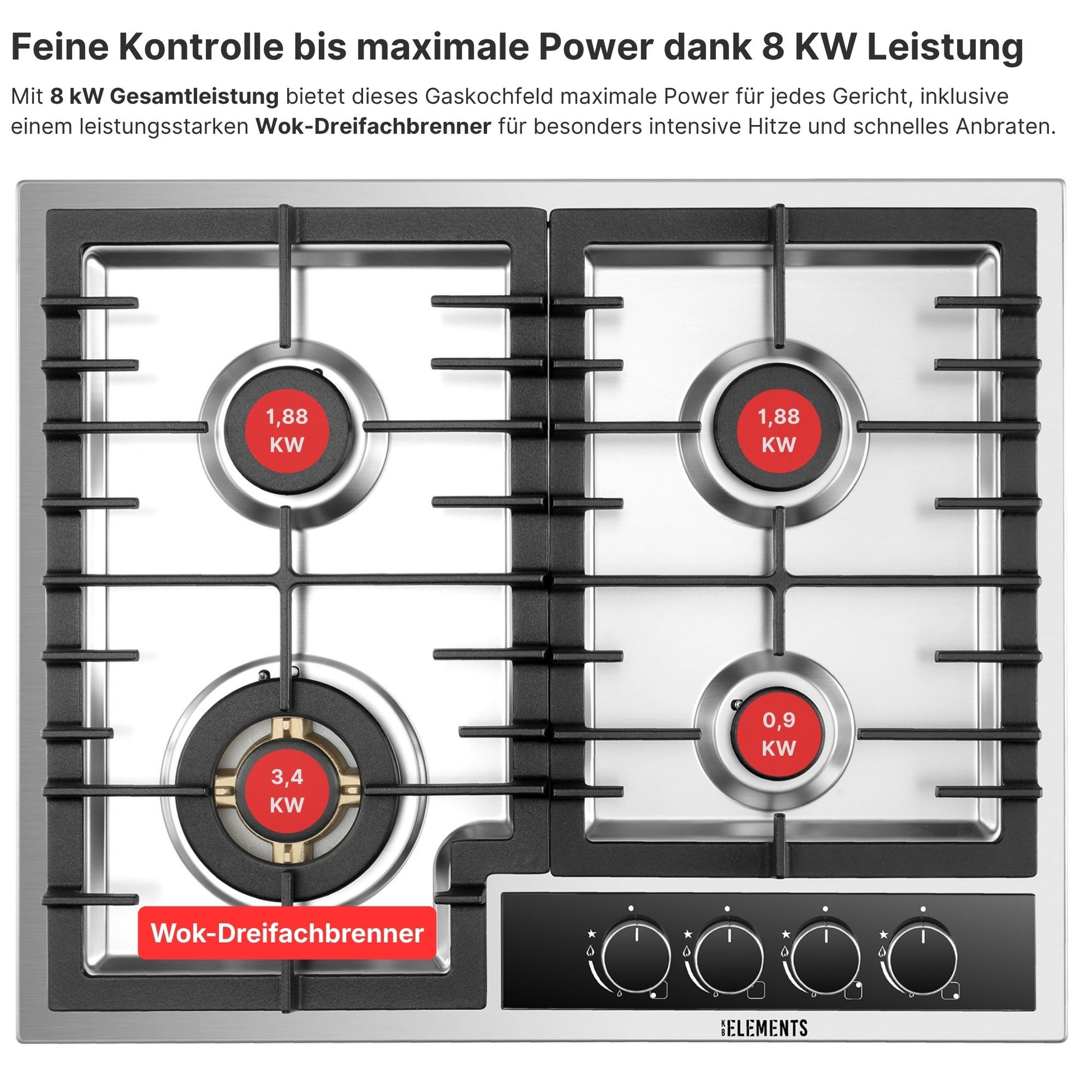 Drehknopf-Steuerung Gaskochfeld 60 cm Edelstahl – präzise Regelung KB ELEMENTS ELK60GH2