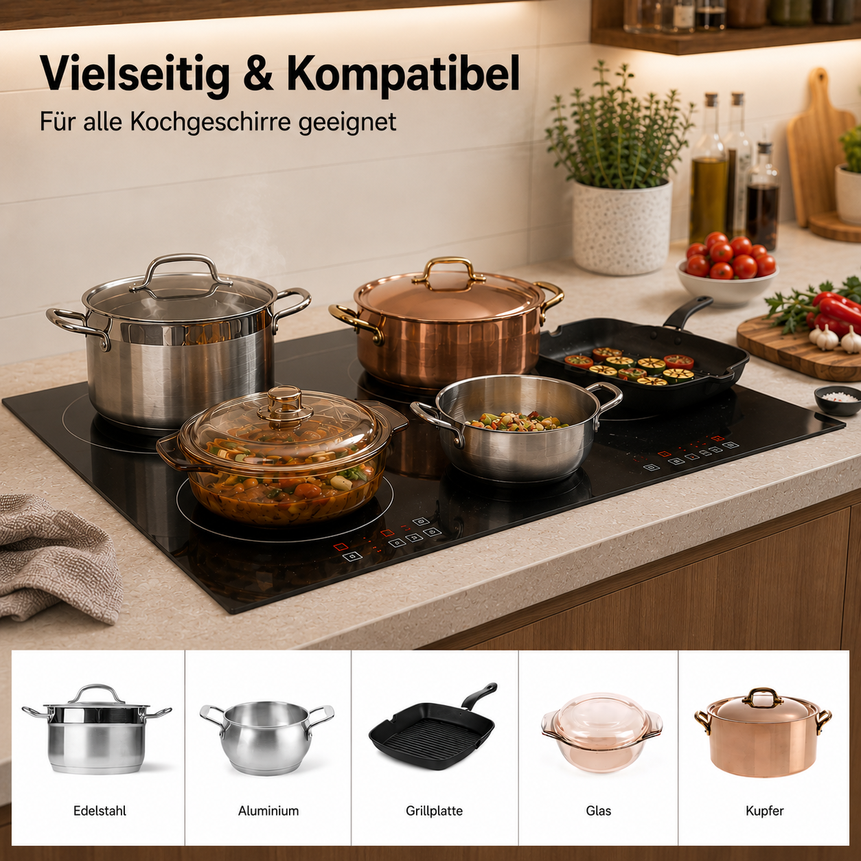 KB ELEMENTS Herdset 2-teilig – Einbaubackofen 60 cm A+ & Glaskeramikkochfeld 77 cm | 5 Zonen, Dual-Zone, Schwarz
