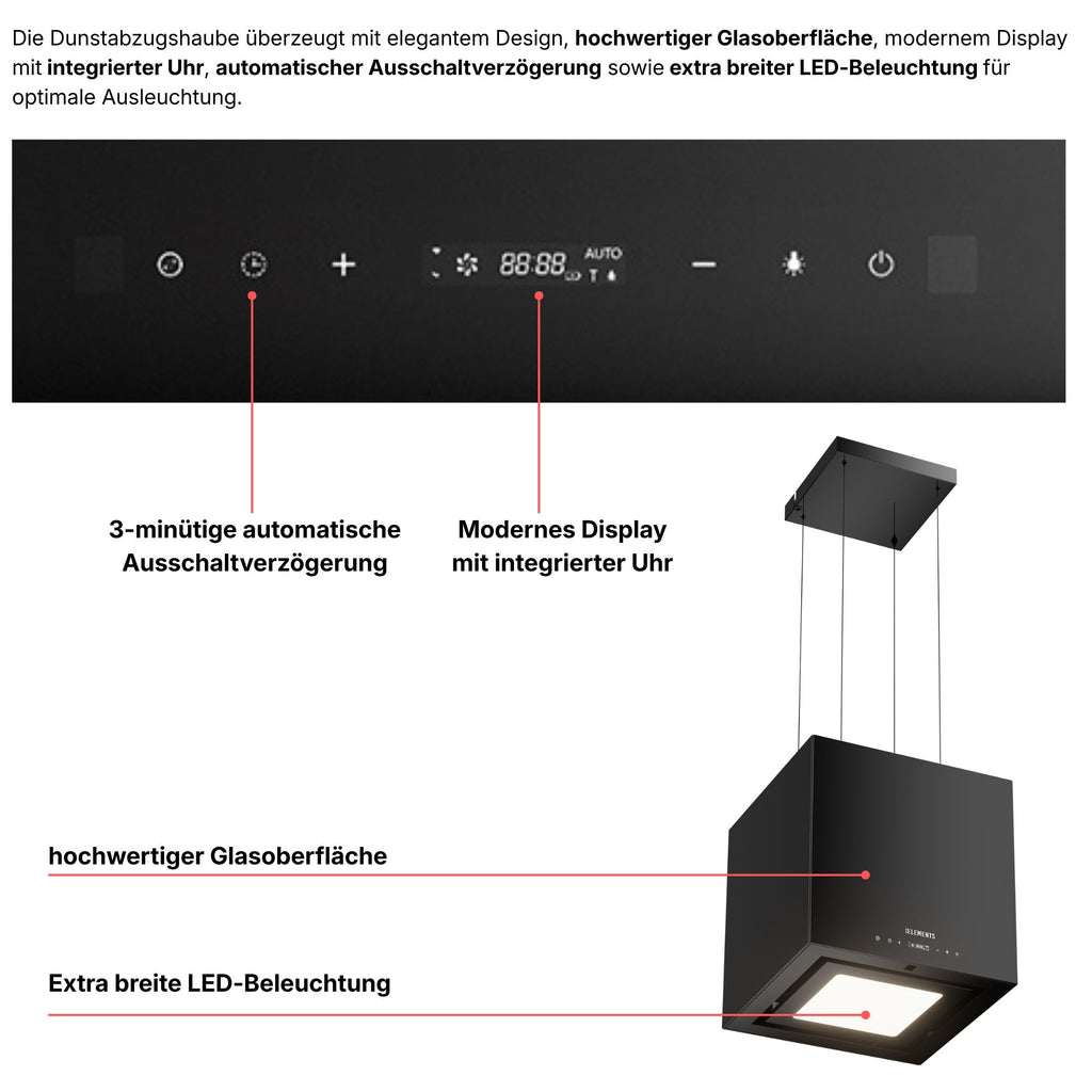 KB ELEMENTS Dunstabzugshaube freihängend Glas – 1000 m³/h, Touch, Gesten- & Fernbedienung, Umluft, A+++