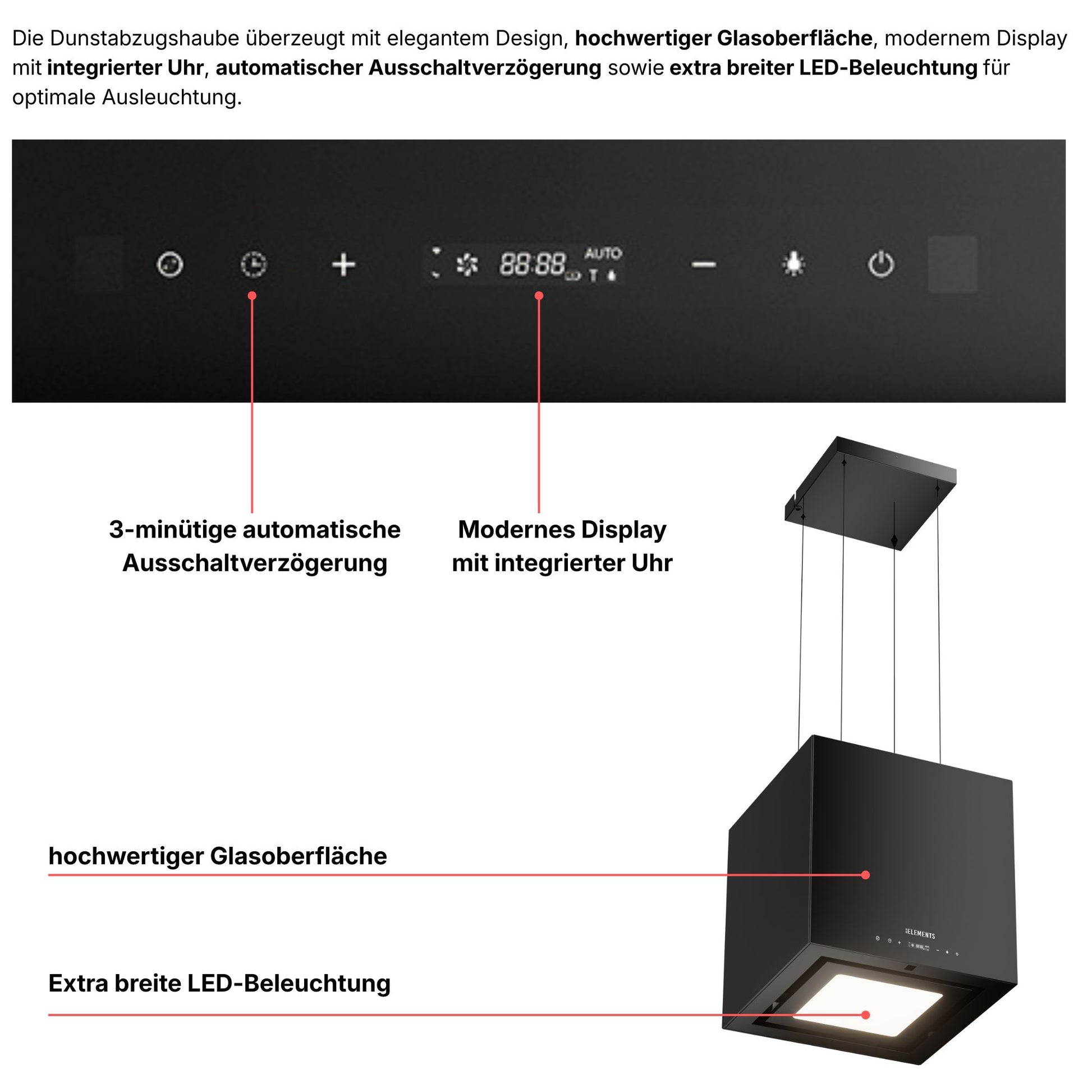 KB ELEMENTS Dunstabzugshaube freihängend Glas – 1000 m³/h, Touch, Gesten- & Fernbedienung, Umluft, A+++