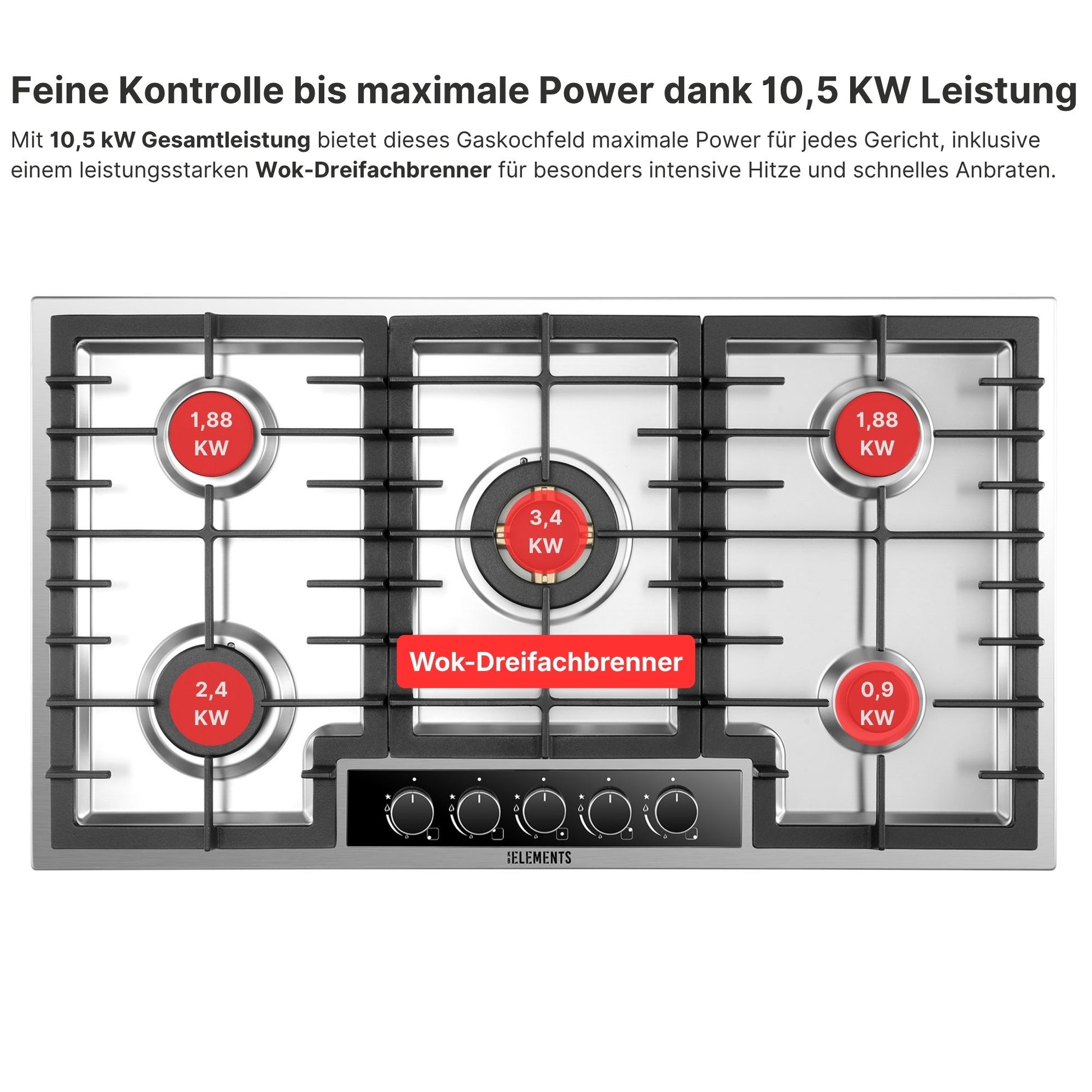 Drehknopf-Steuerung Gaskochfeld 90 cm Edelstahl – präzise Regelung KB ELEMENTS ELK90GH1