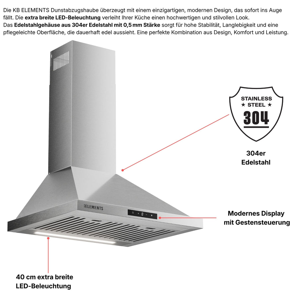 KB ELEMENTS Pyramiden-Dunstabzugshaube 60 cm Edelstahl – 650 m³/h, A+++, Touch- & Gestensteuerung