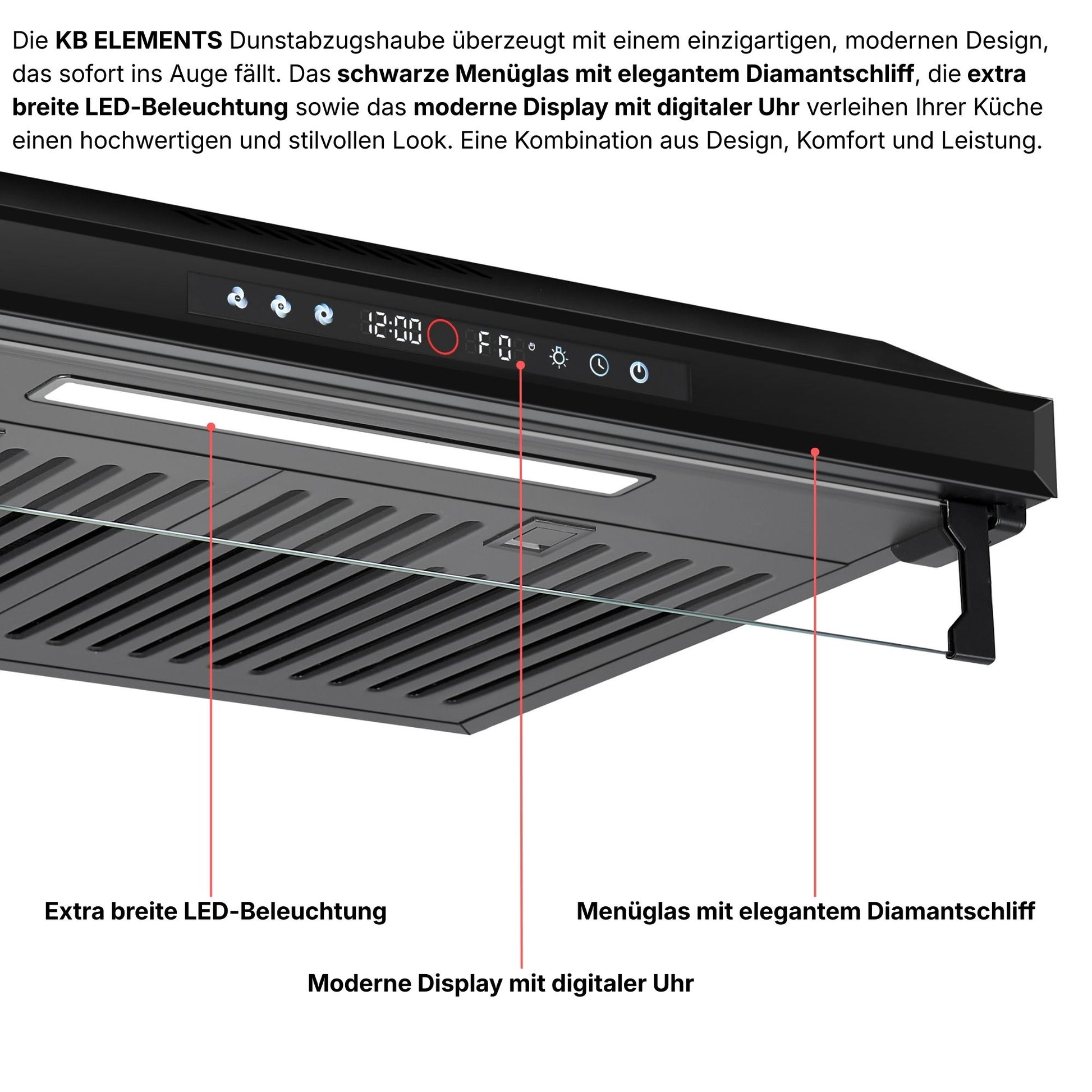 KB ELEMENTS Dunstabzugshaube 90 cm – 650 m³/h, Touch- & Gestensteuerung, Abluft & Umluft