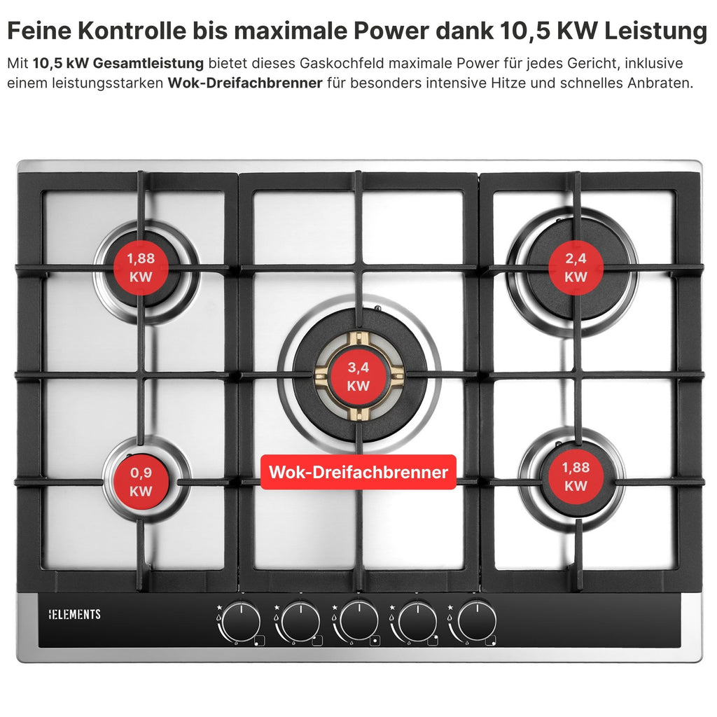 Drehknopf-Steuerung Gaskochfeld 70 cm Edelstahl – präzise Regelung KB ELEMENTS ELK70GH1