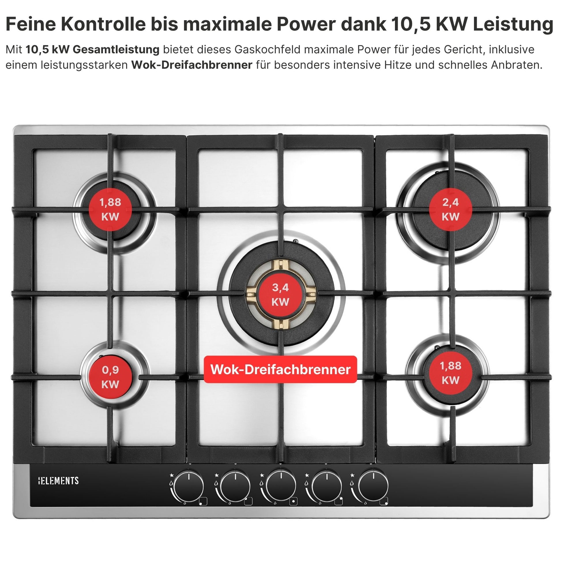 Drehknopf-Steuerung Gaskochfeld 70 cm Edelstahl – präzise Regelung KB ELEMENTS ELK70GH1